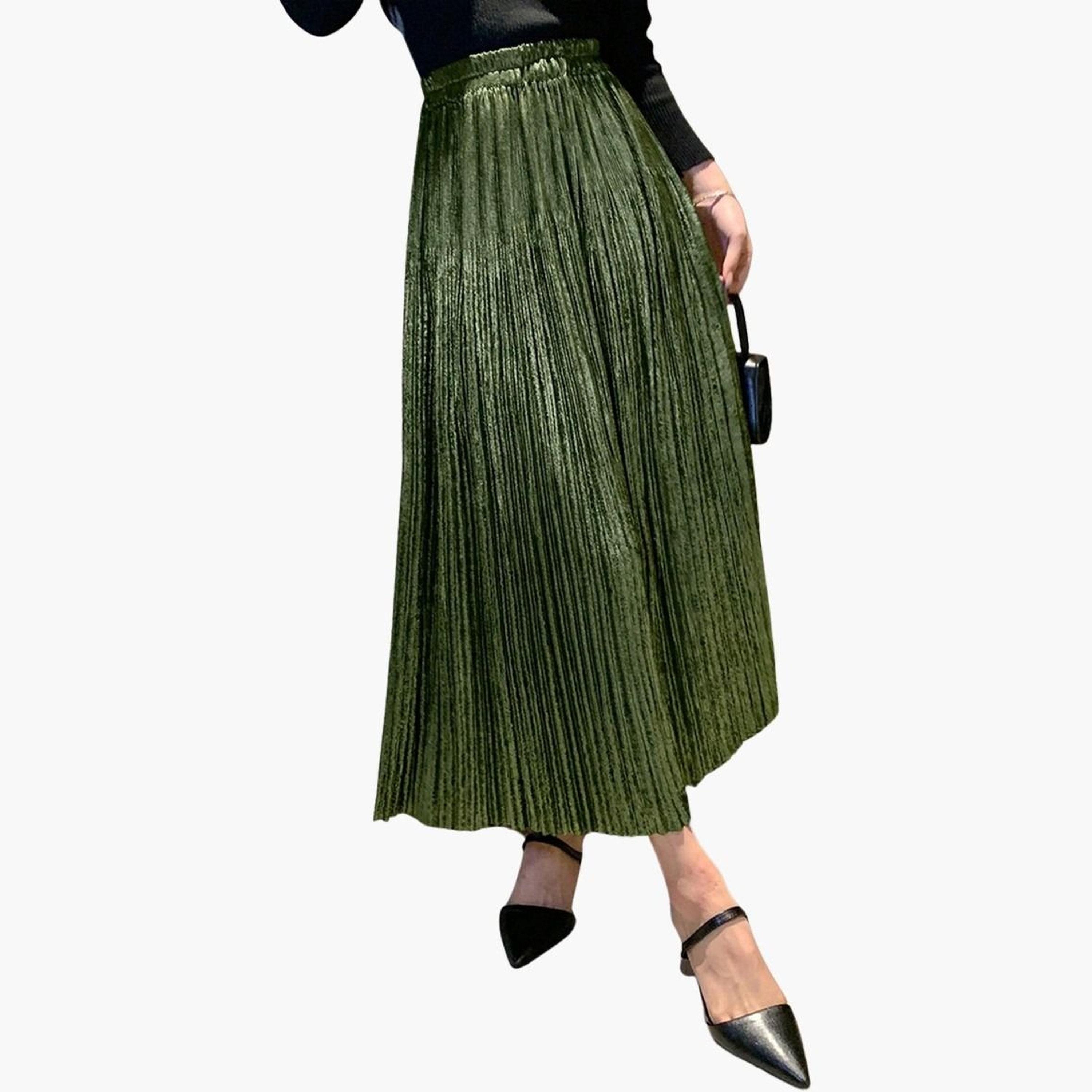 Take Two Women Solid Elastic Waist Pleated Detail A-Line Maxi Skirt-women-clothing-bottoms-skirts-image-1