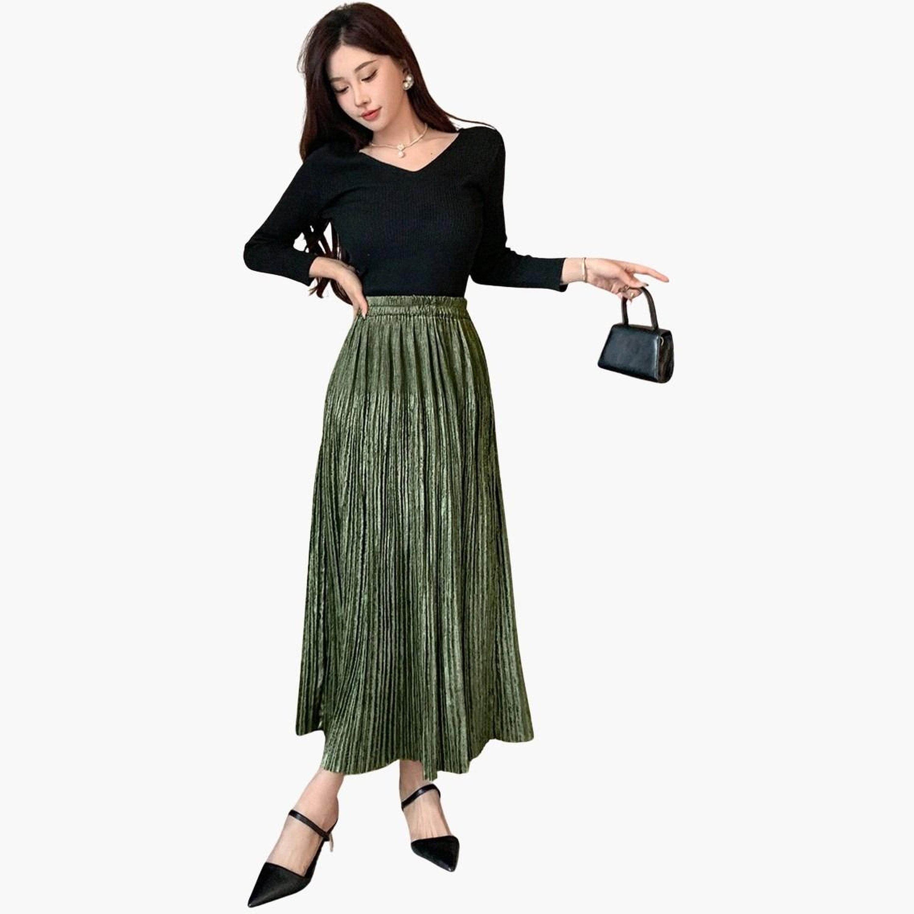 Take Two Women Solid Elastic Waist Pleated Detail A-Line Maxi Skirt-women-clothing-bottoms-skirts-image-2