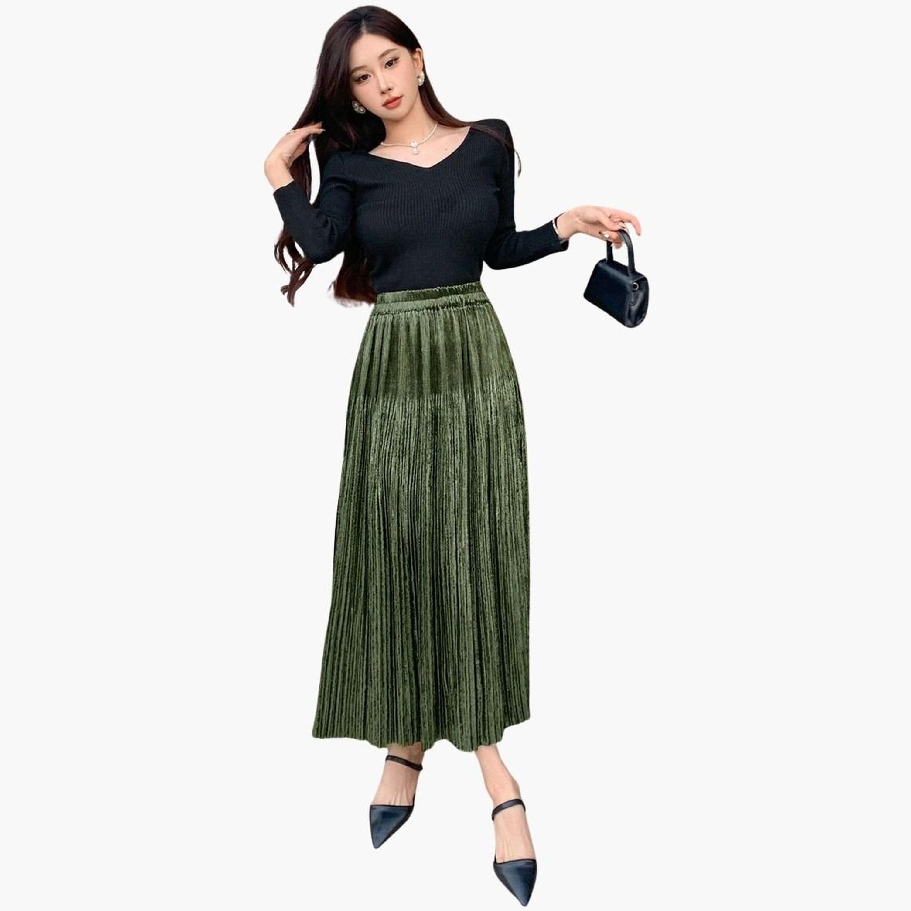 تيك تو - تنورة ماكسي سادة بتصميم A مع خصر مطاطي وتفاصيل مطوية للنساء-women-clothing-bottoms-skirts-image-4