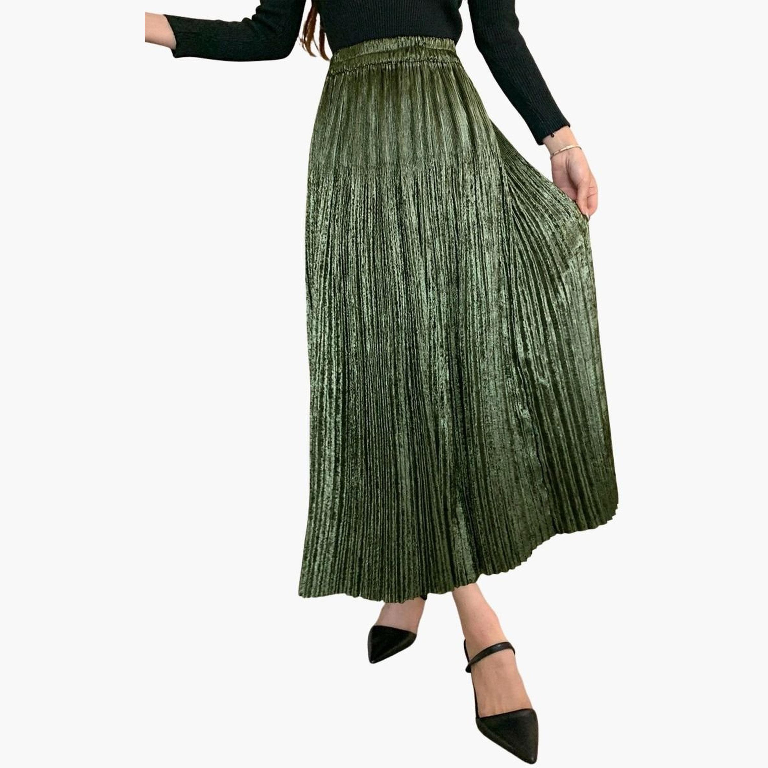 تيك تو - تنورة ماكسي سادة بتصميم A مع خصر مطاطي وتفاصيل مطوية للنساء-women-clothing-bottoms-skirts-image-5
