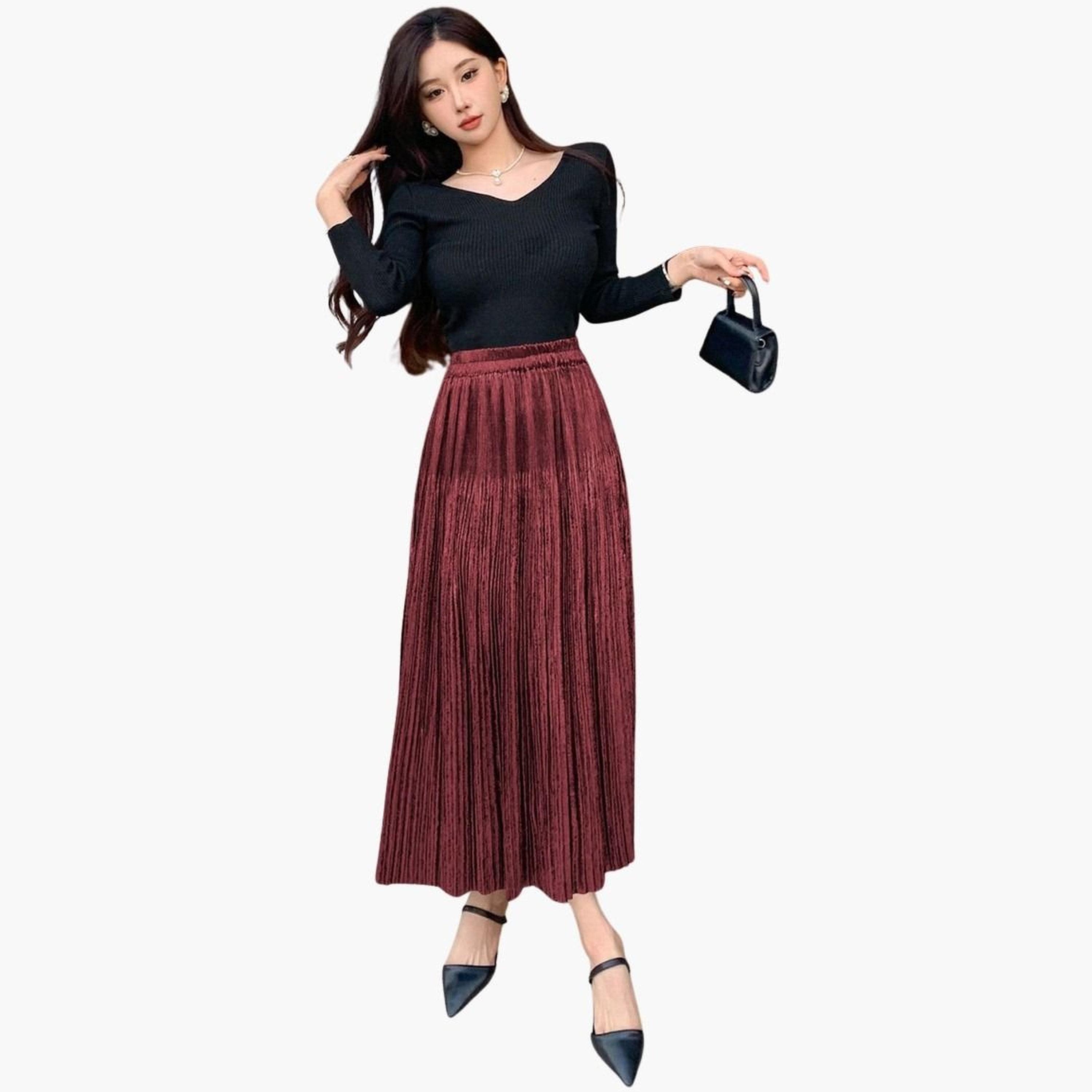 تيك تو - تنورة ماكسي سادة بتصميم A مع خصر مطاطي وتفاصيل مطوية للنساء-women-clothing-bottoms-skirts-image-2