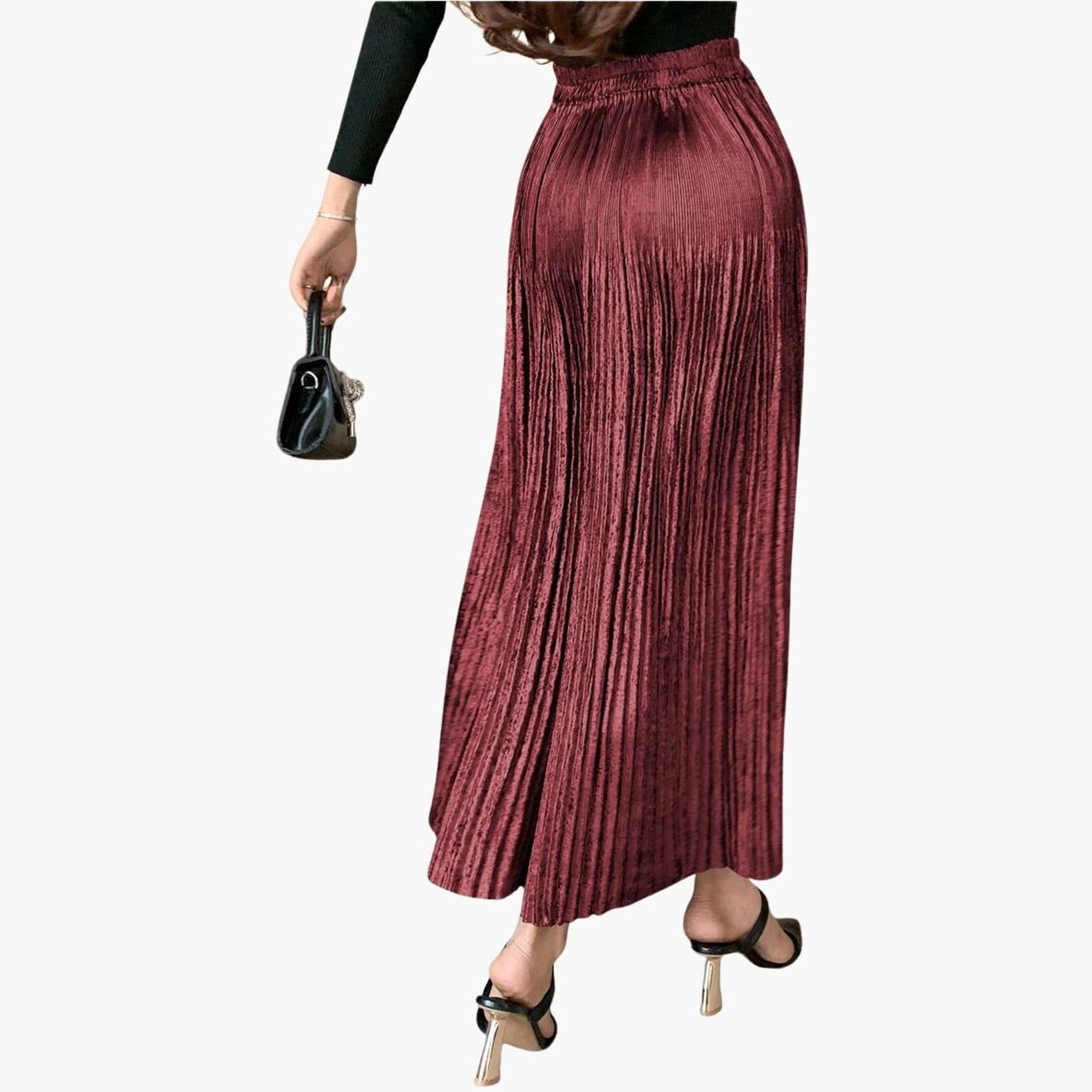 تيك تو - تنورة ماكسي سادة بتصميم A مع خصر مطاطي وتفاصيل مطوية للنساء-women-clothing-bottoms-skirts-image-3