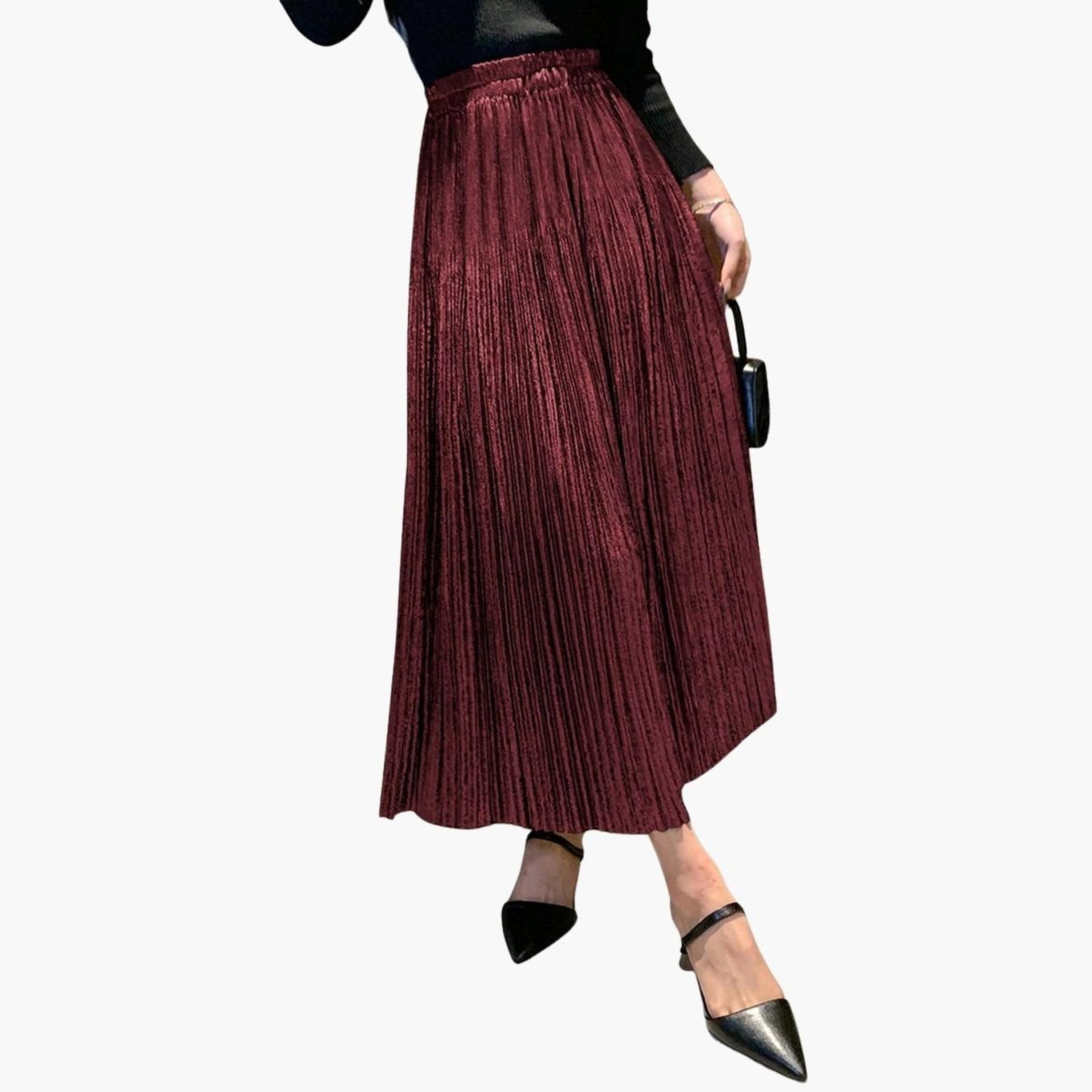 تيك تو - تنورة ماكسي سادة بتصميم A مع خصر مطاطي وتفاصيل مطوية للنساء-women-clothing-bottoms-skirts-image-4