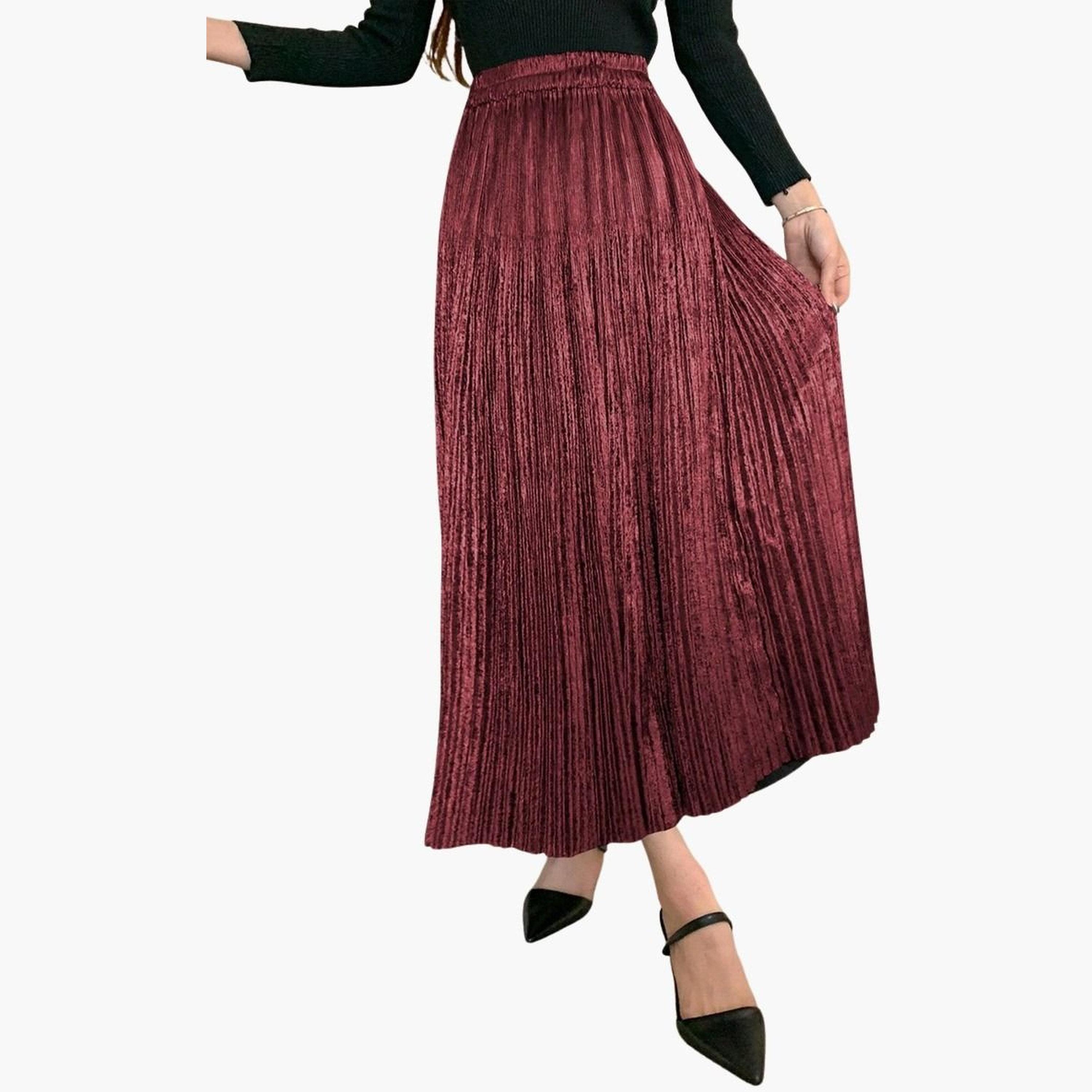 تيك تو - تنورة ماكسي سادة بتصميم A مع خصر مطاطي وتفاصيل مطوية للنساء-women-clothing-bottoms-skirts-image-5