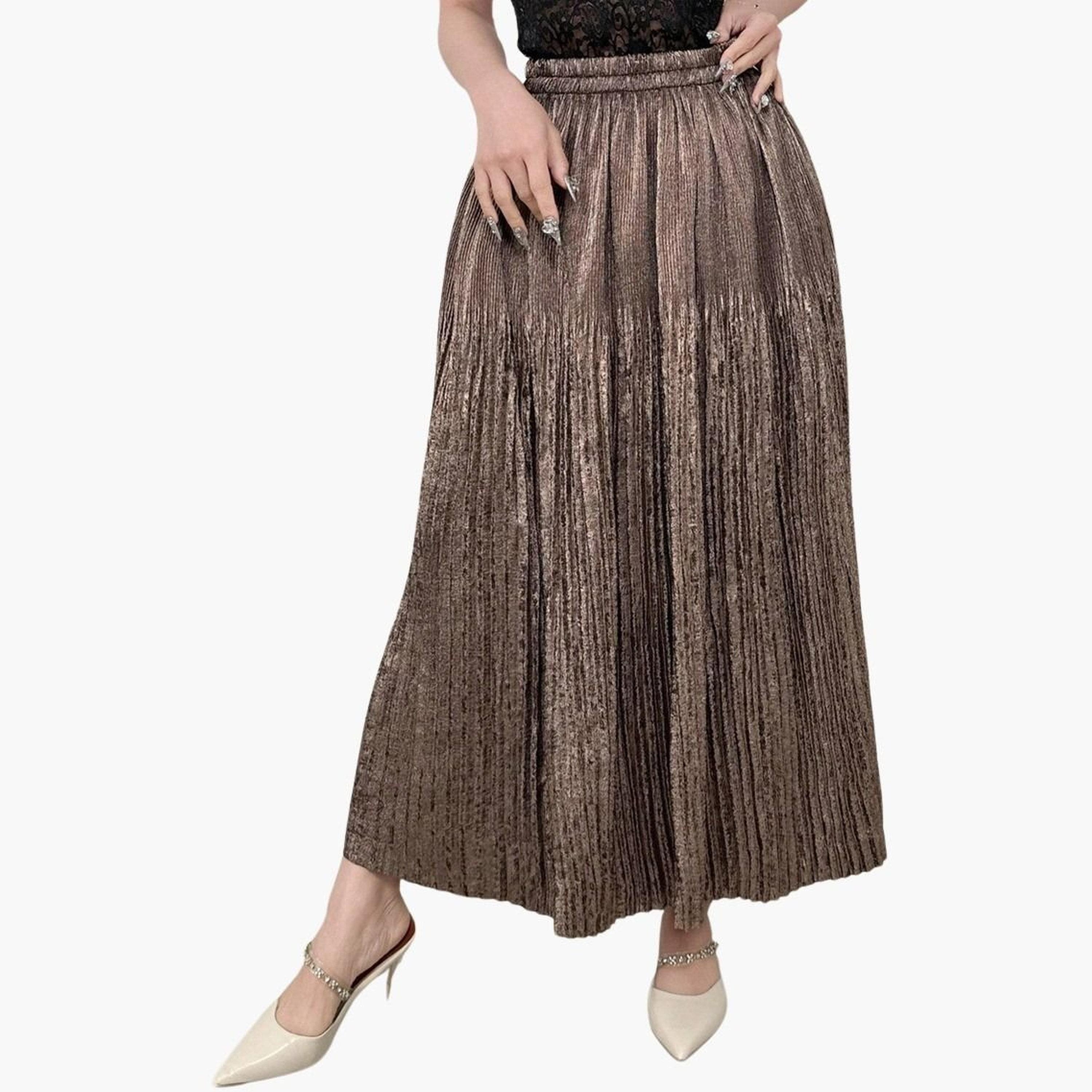 تيك تو - تنورة ماكسي سادة بتصميم A مع خصر مطاطي وتفاصيل مطوية للنساء-women-clothing-bottoms-skirts-image-1