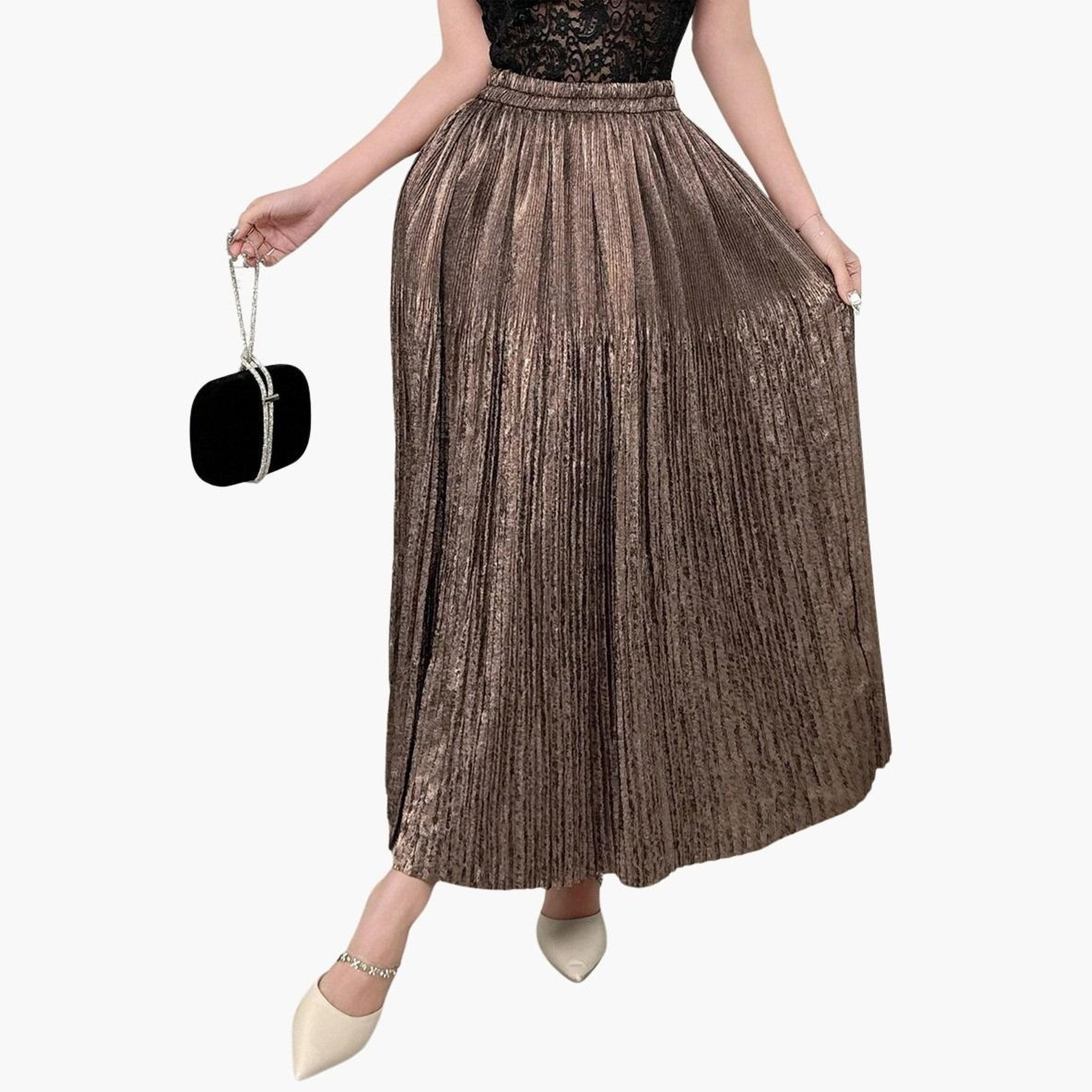 تيك تو - تنورة ماكسي سادة بتصميم A مع خصر مطاطي وتفاصيل مطوية للنساء-women-clothing-bottoms-skirts-image-3