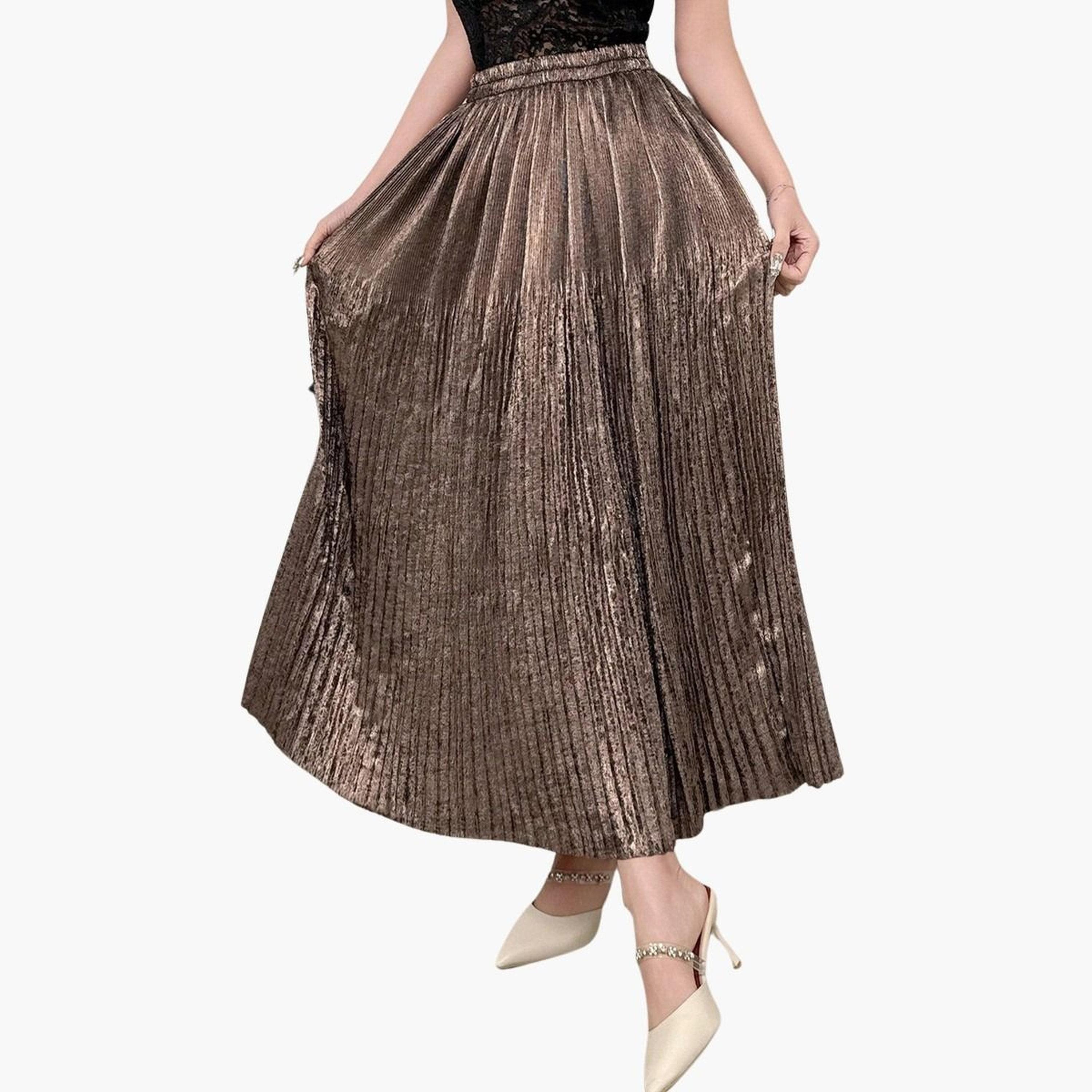 تيك تو - تنورة ماكسي سادة بتصميم A مع خصر مطاطي وتفاصيل مطوية للنساء-women-clothing-bottoms-skirts-image-4