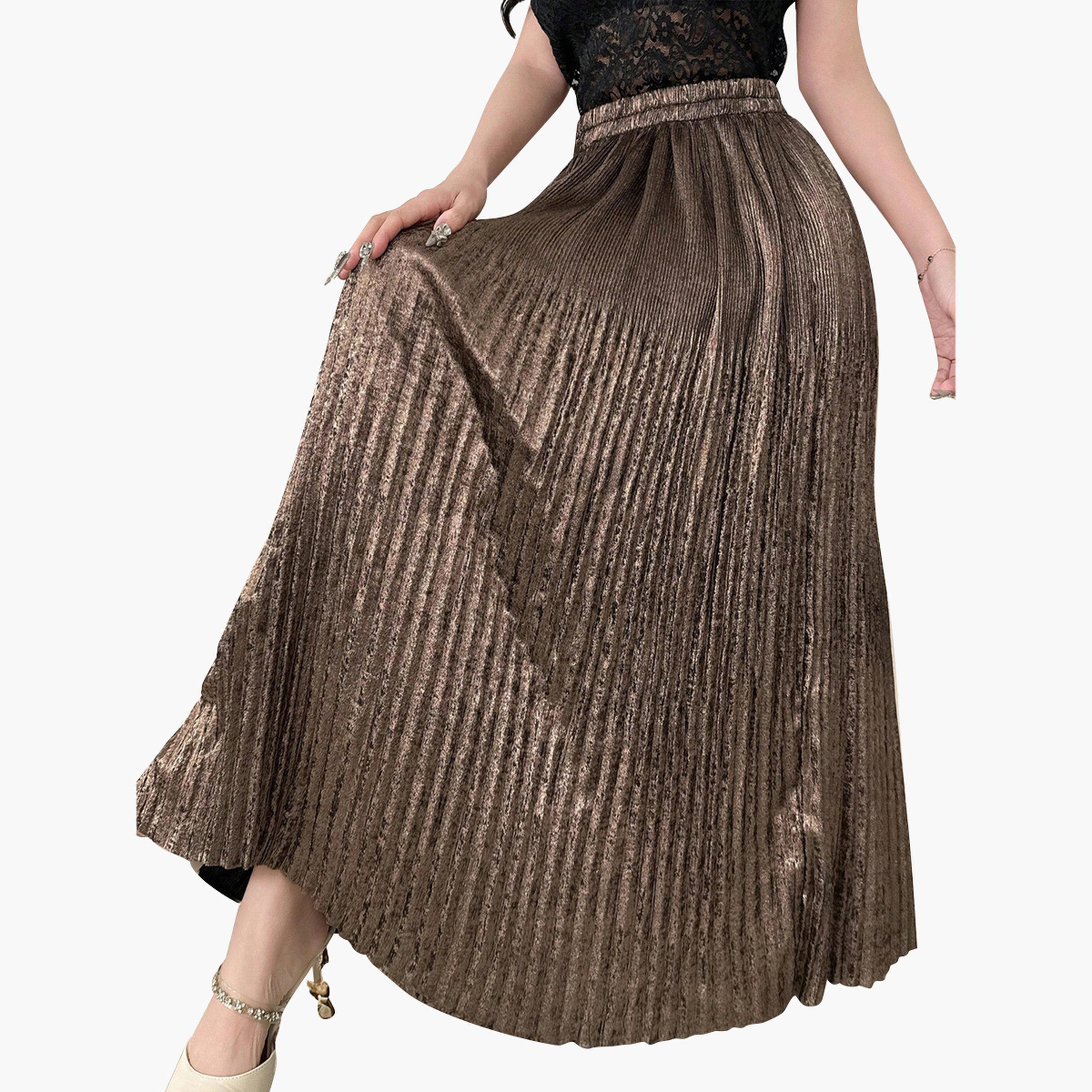 تيك تو - تنورة ماكسي سادة بتصميم A مع خصر مطاطي وتفاصيل مطوية للنساء-women-clothing-bottoms-skirts-image-5