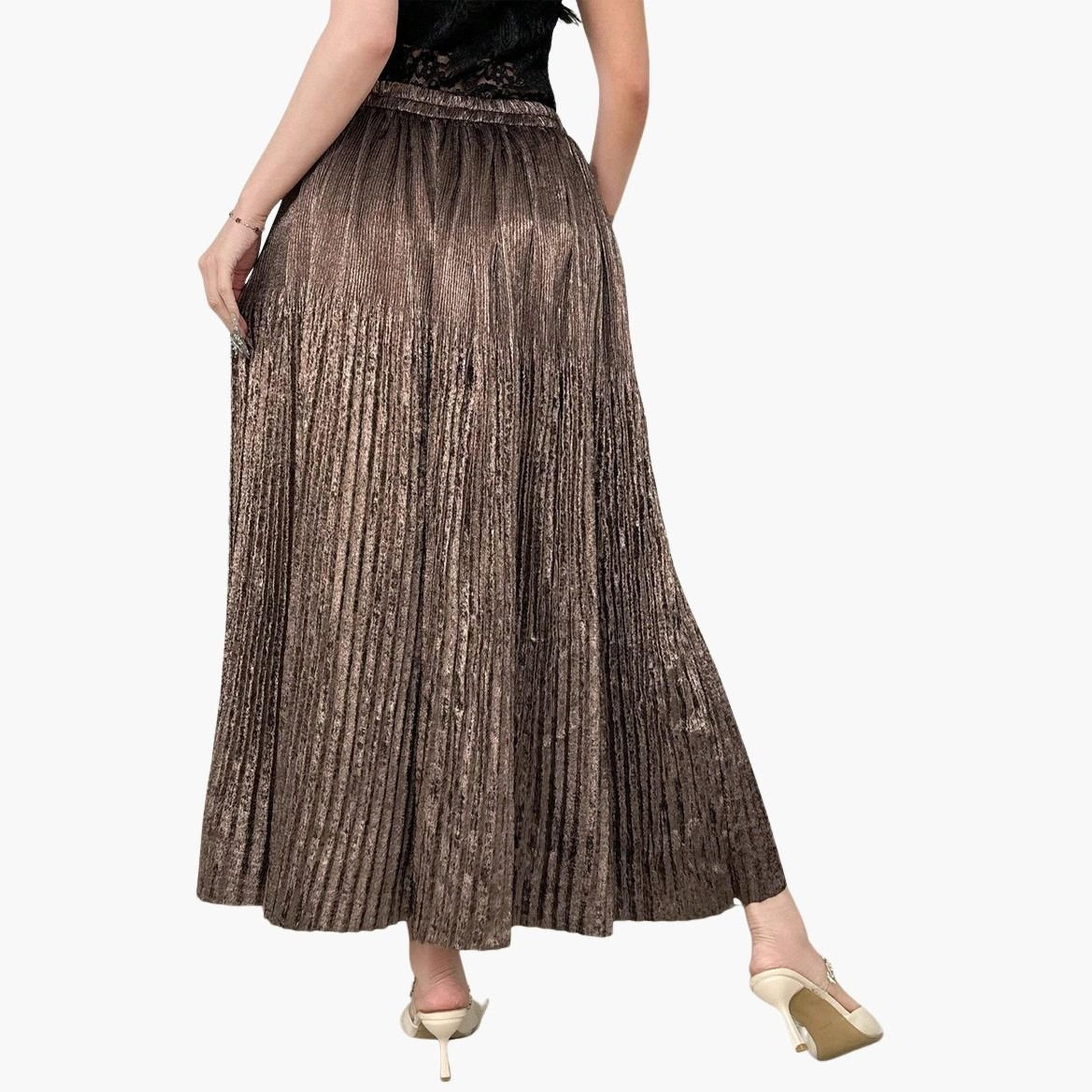 تيك تو - تنورة ماكسي سادة بتصميم A مع خصر مطاطي وتفاصيل مطوية للنساء-women-clothing-bottoms-skirts-image-6