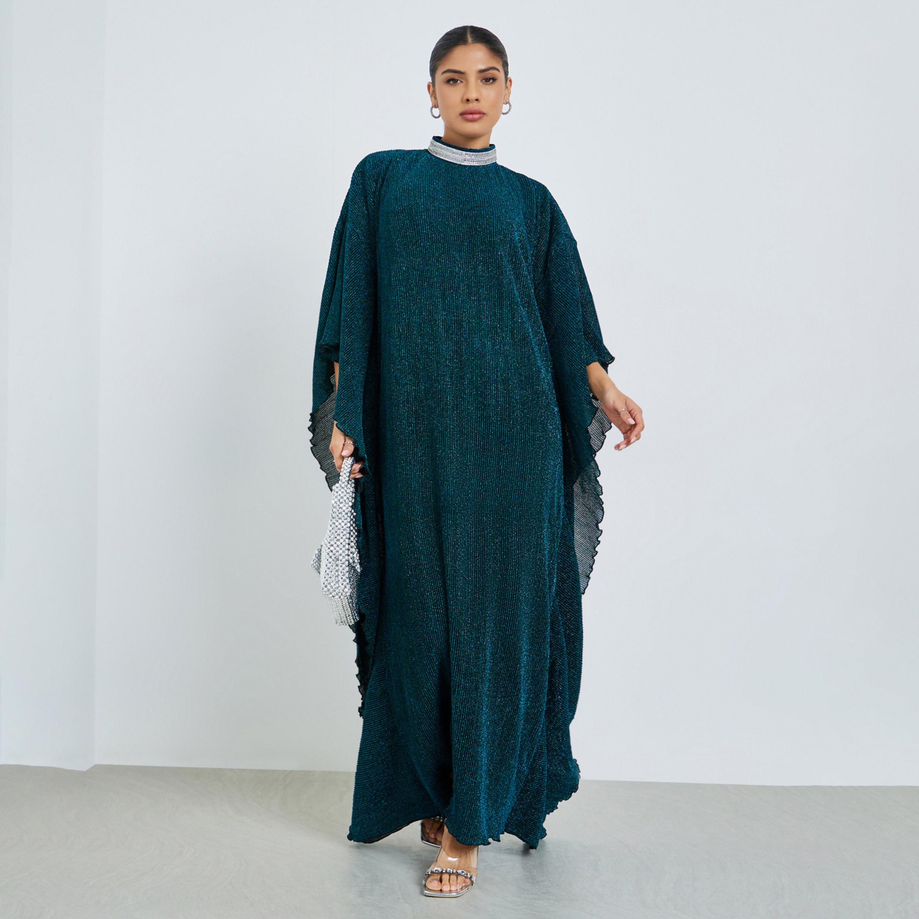 Styli Green Shimmer Plisse Kaftan with Crystal Collar-women-arabicclothing-kaftan-image-1
