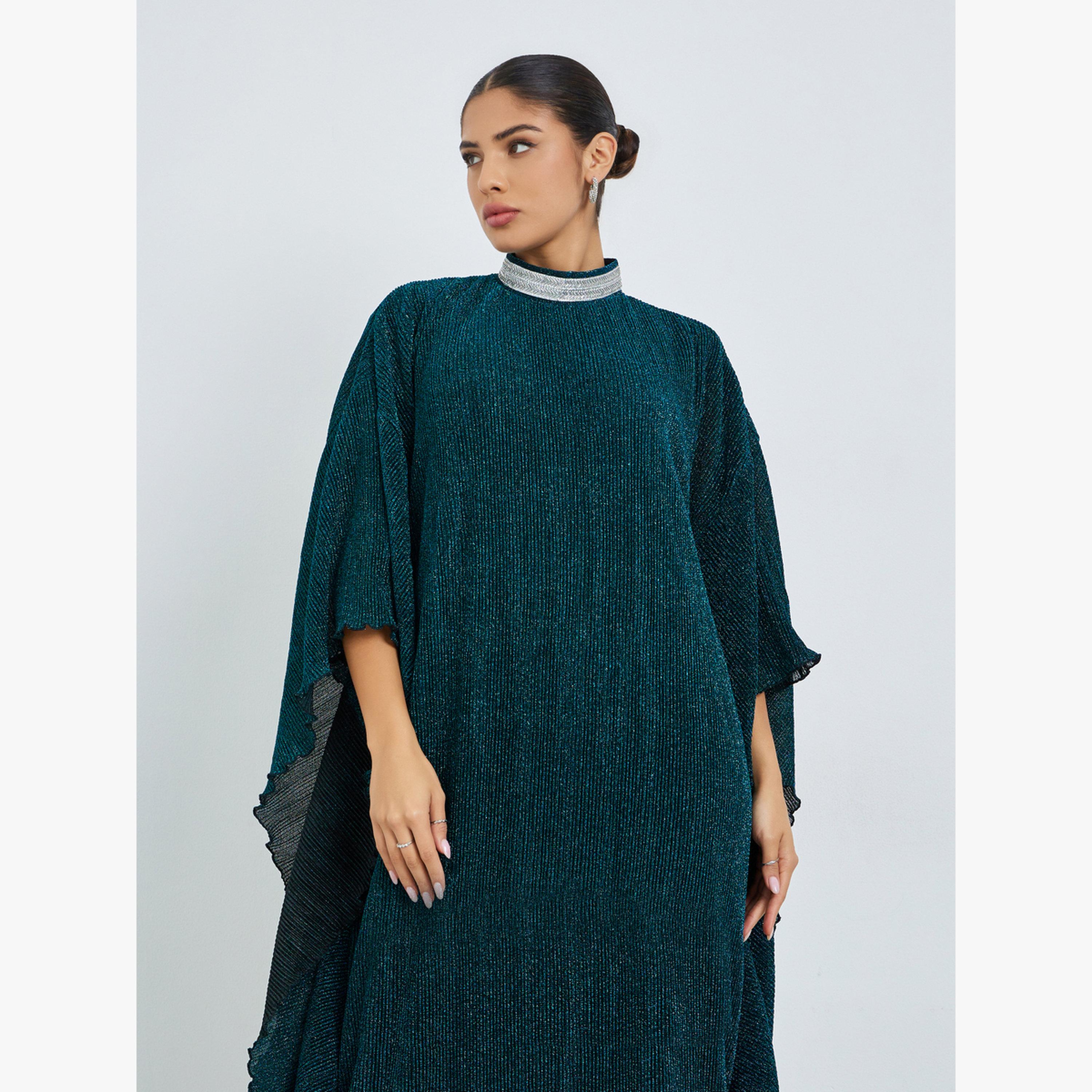 Styli Green Shimmer Plisse Kaftan with Crystal Collar-women-arabicclothing-kaftan-image-2