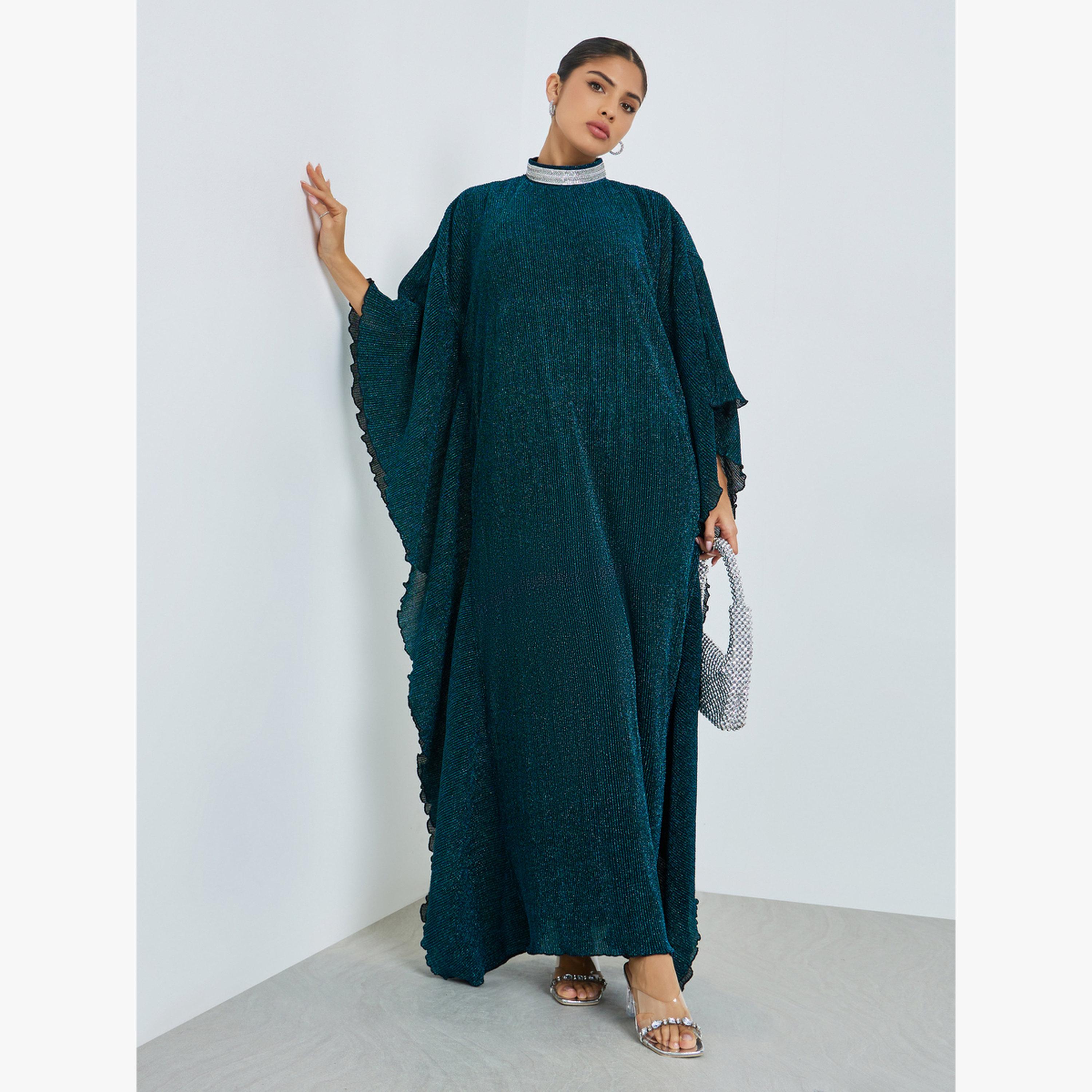 Styli Green Shimmer Plisse Kaftan with Crystal Collar-women-arabicclothing-kaftan-image-3