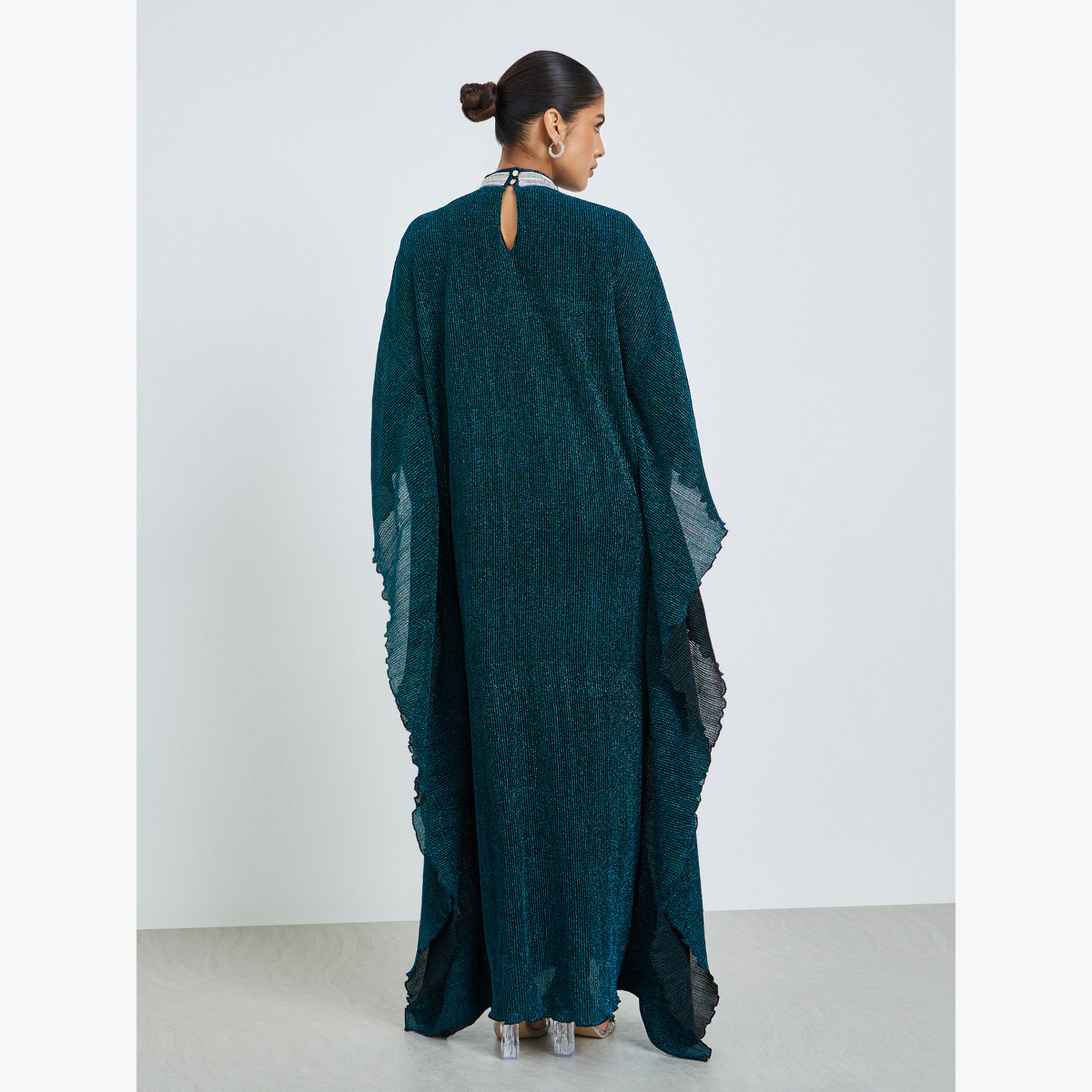 Styli Green Shimmer Plisse Kaftan with Crystal Collar-women-arabicclothing-kaftan-image-4