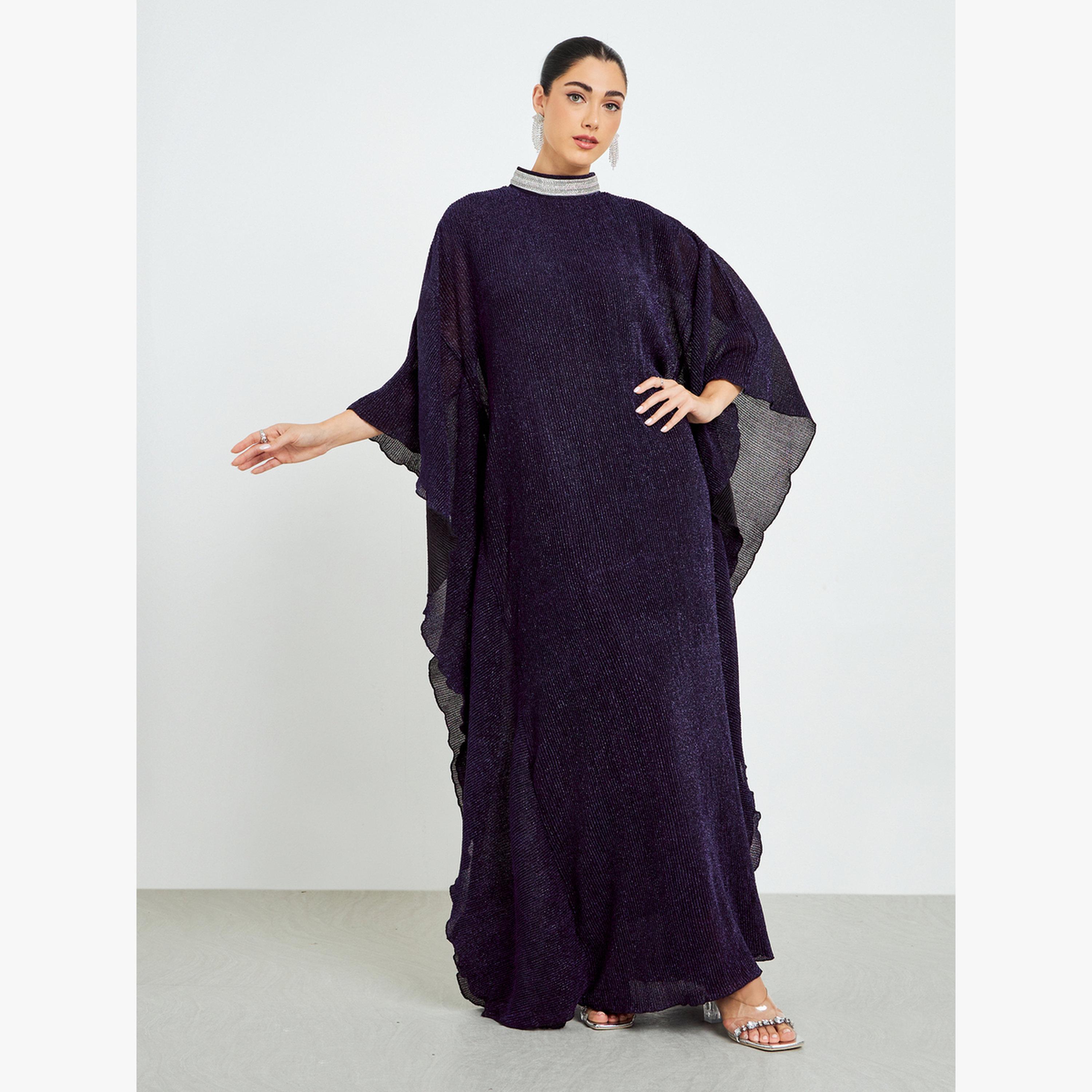 Styli Purple Shimmer Plisse Kaftan with Crystal Collar-women-arabicclothing-kaftan-image-1