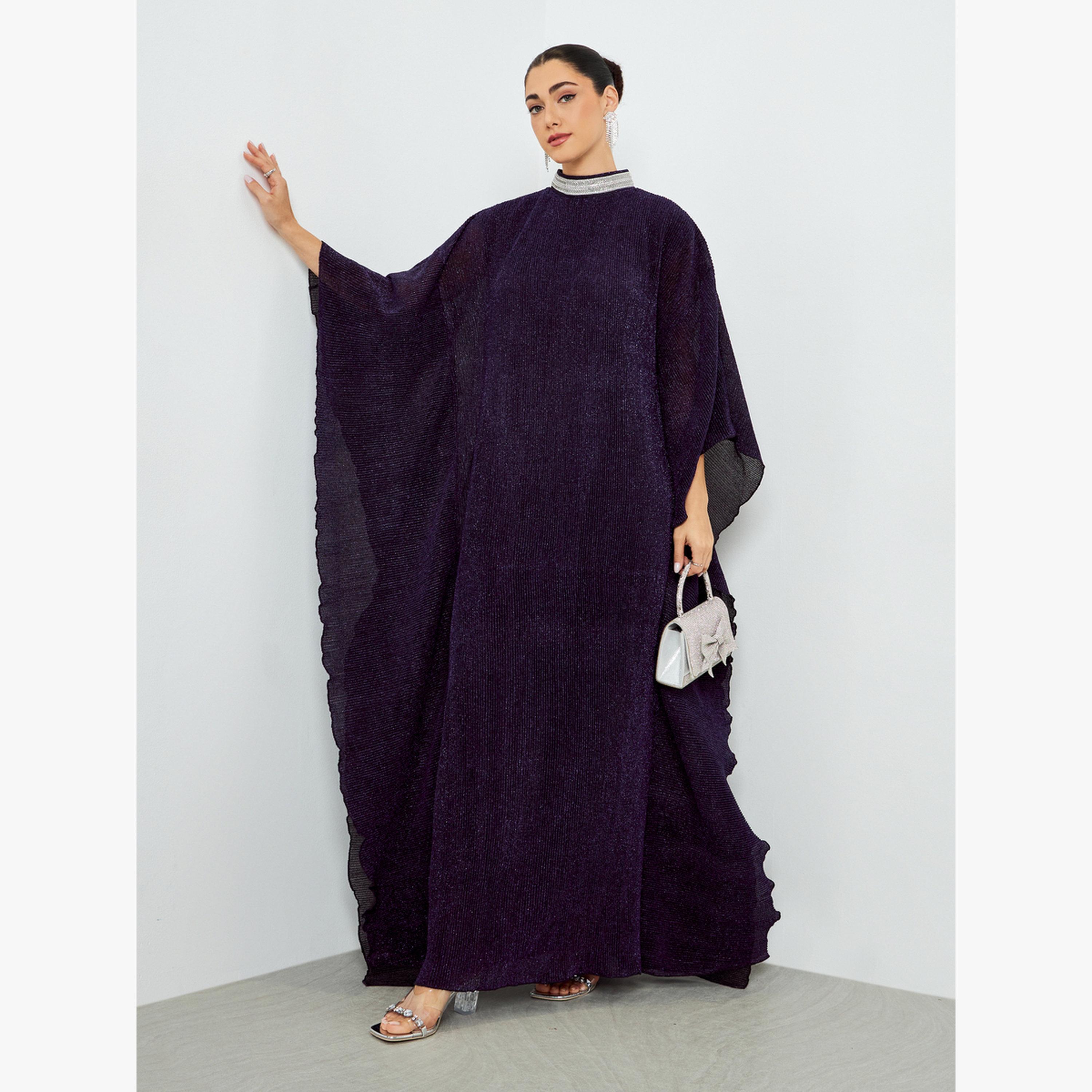 Styli Purple Shimmer Plisse Kaftan with Crystal Collar-women-arabicclothing-kaftan-image-2