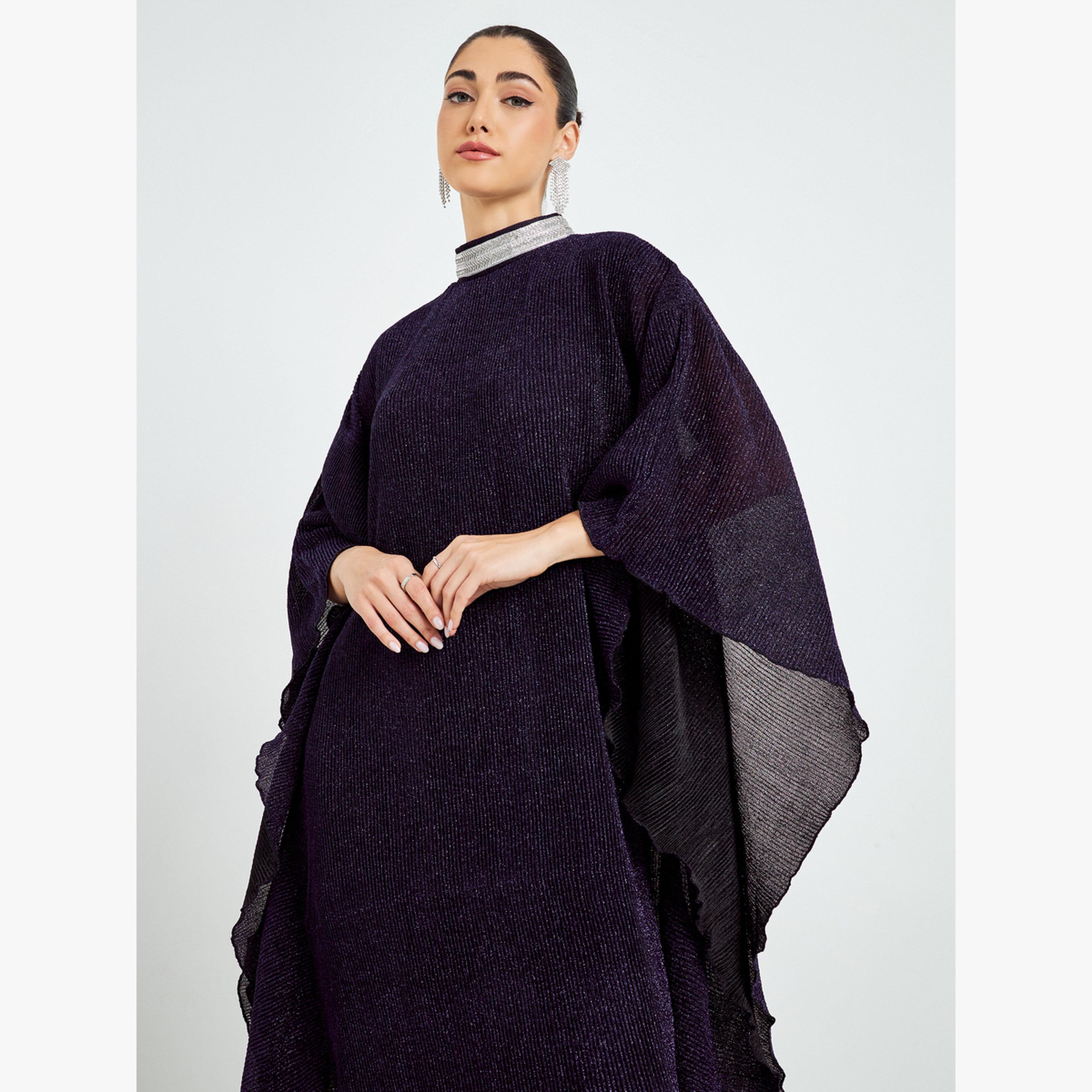 Styli Purple Shimmer Plisse Kaftan with Crystal Collar-women-arabicclothing-kaftan-image-3