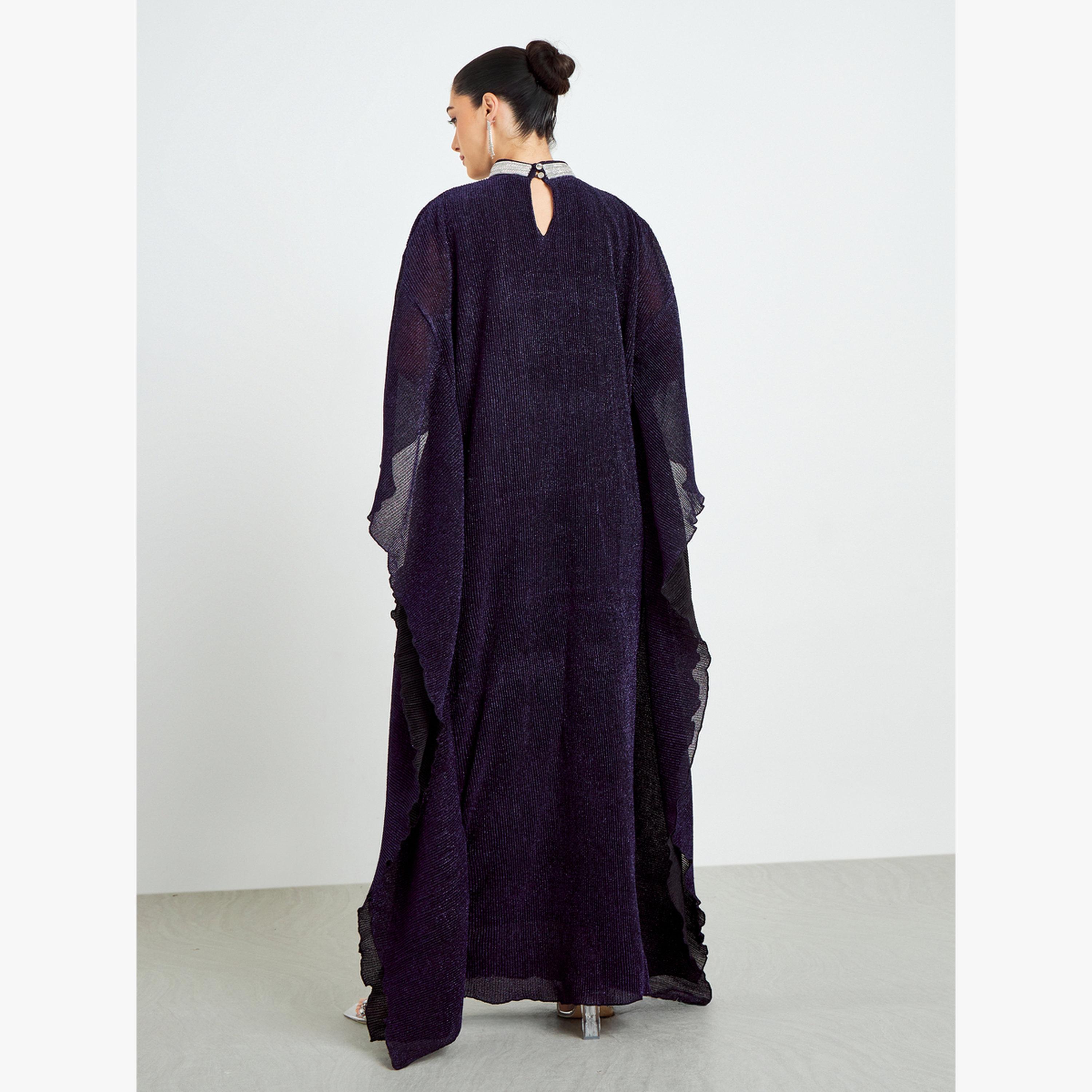 Styli Purple Shimmer Plisse Kaftan with Crystal Collar-women-arabicclothing-kaftan-image-5