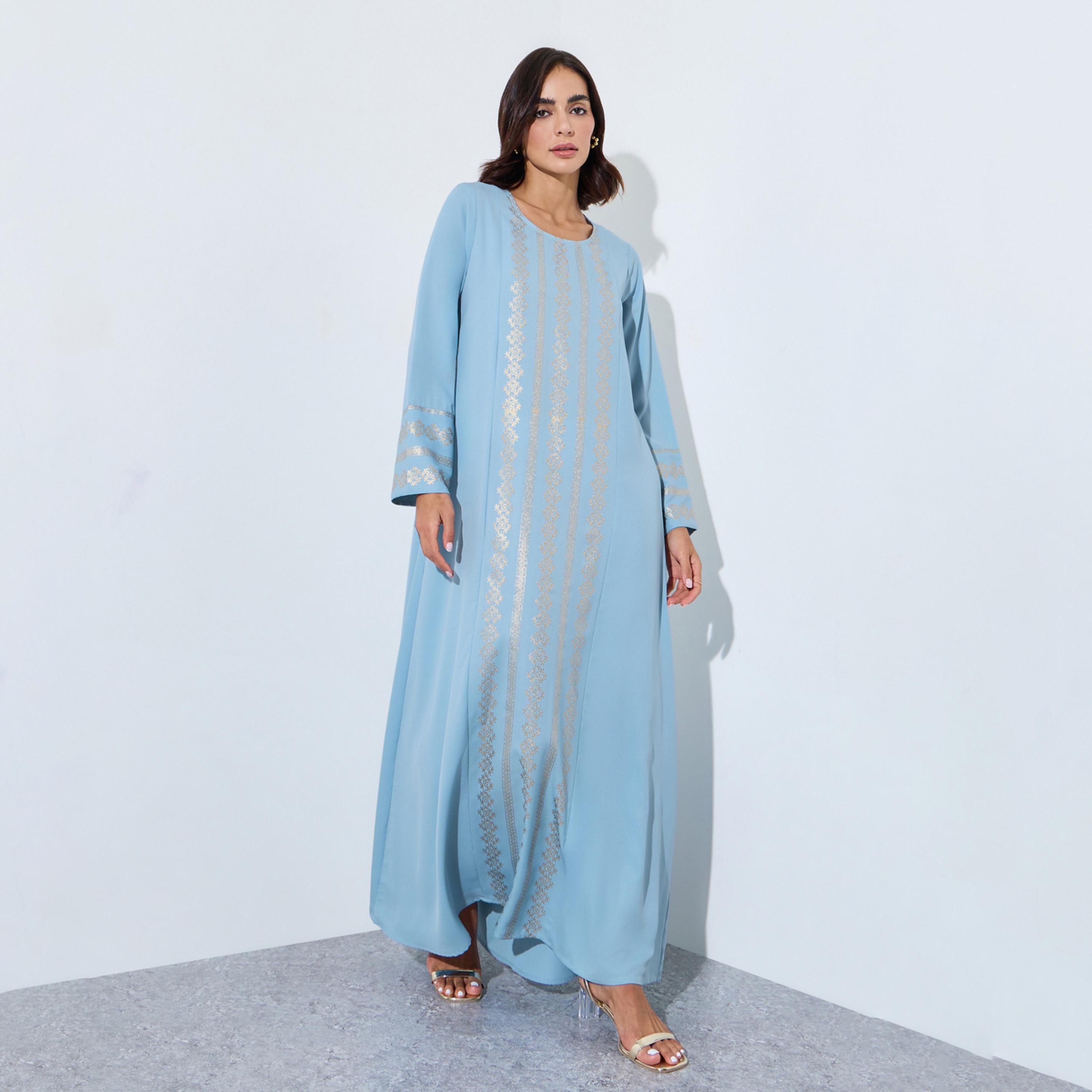 Amirah X Styli Light Blue Foil Print Long Sleeves Jalabiya-women-arabicclothing-jalabiyas-image-1
