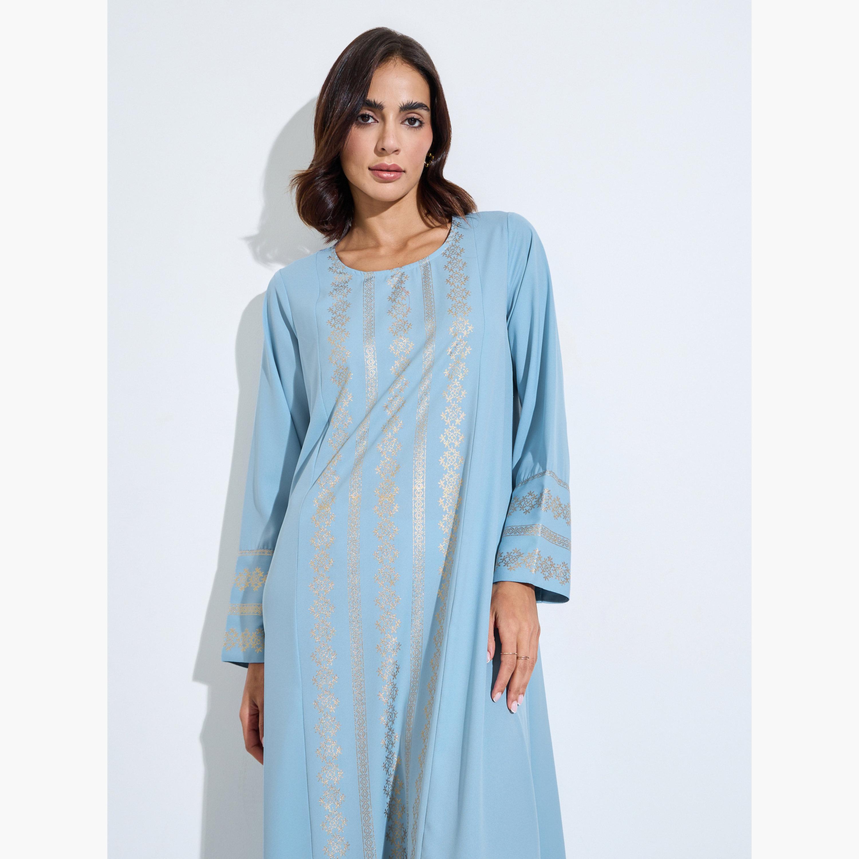 Amirah X Styli Light Blue Foil Print Long Sleeves Jalabiya-women-arabicclothing-jalabiyas-image-2