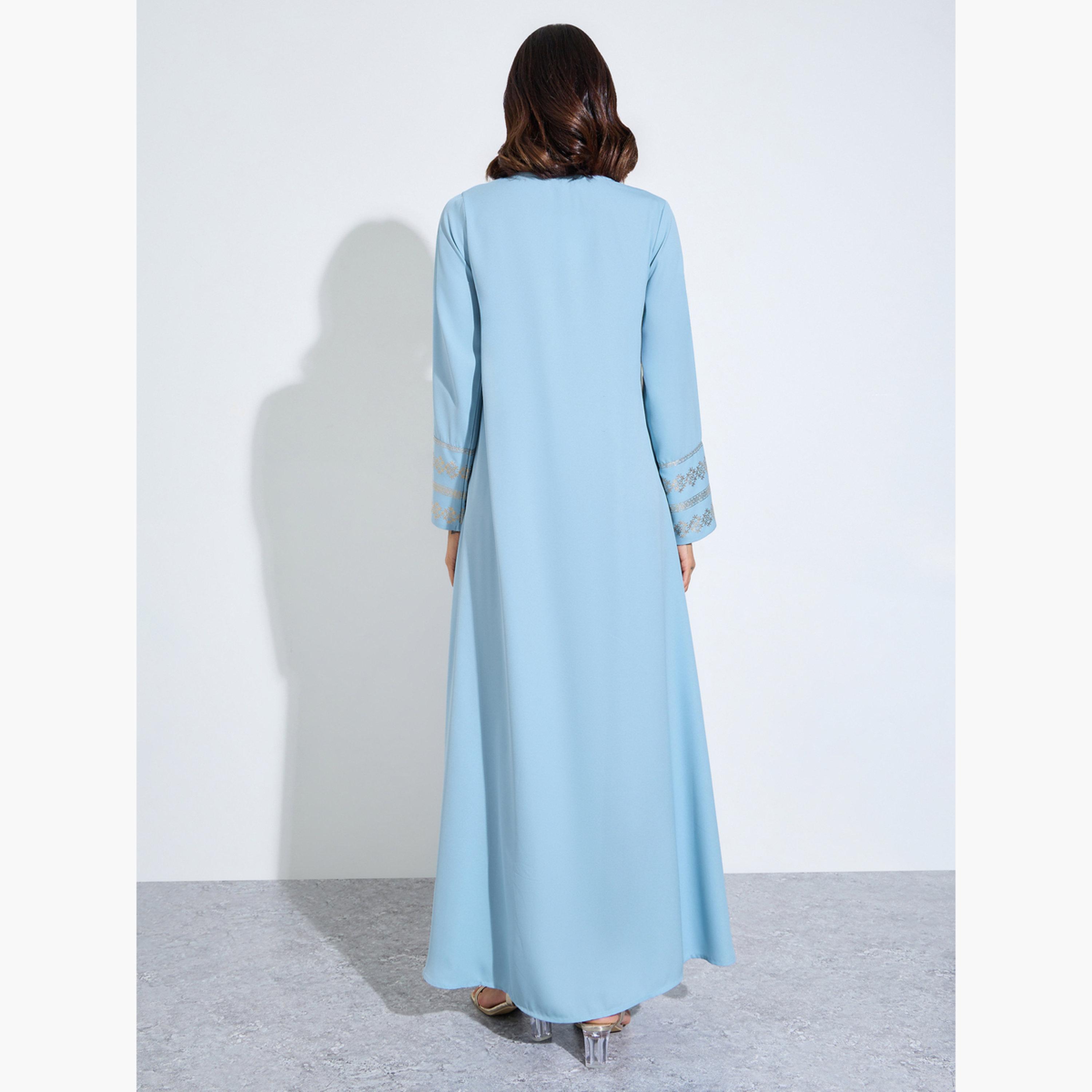 Amirah X Styli Light Blue Foil Print Long Sleeves Jalabiya-women-arabicclothing-jalabiyas-image-3