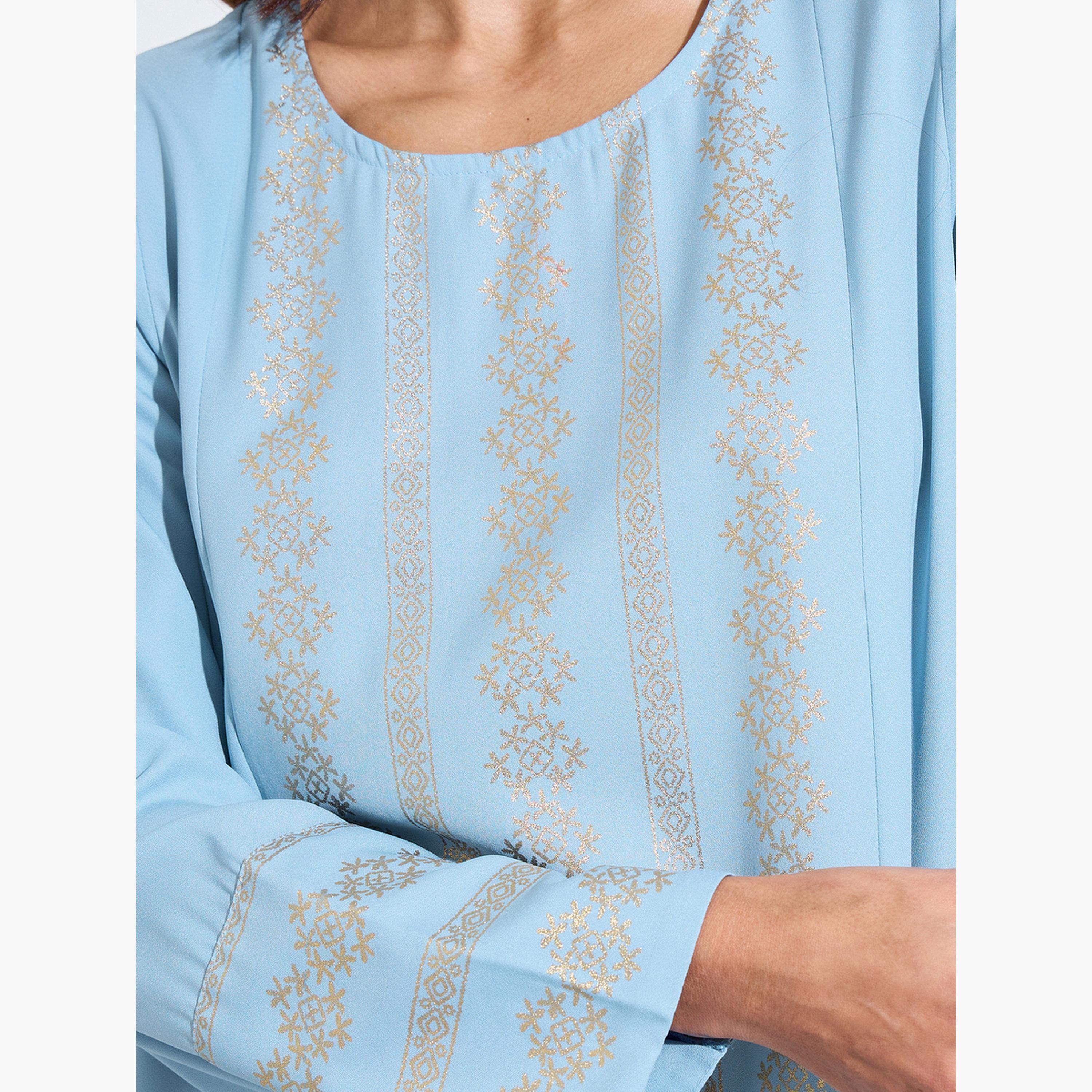 Amirah X Styli Light Blue Foil Print Long Sleeves Jalabiya-women-arabicclothing-jalabiyas-image-4