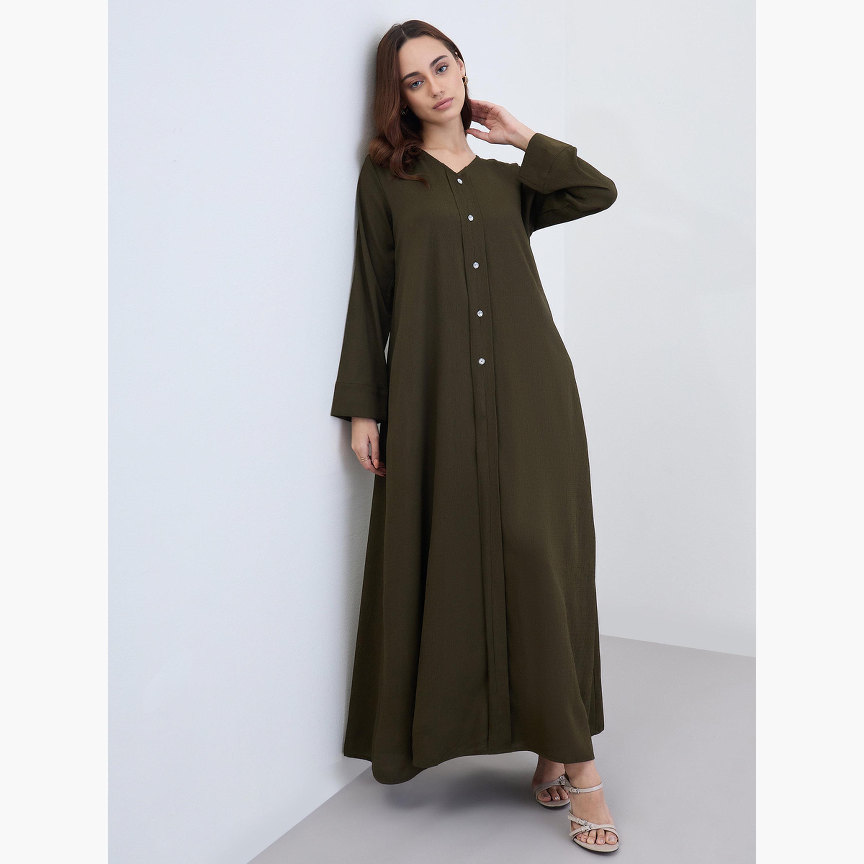 Styli Women Olive A-Line Jalabiya with Crystal Buttons-women-arabicclothing-jalabiyas-image-2
