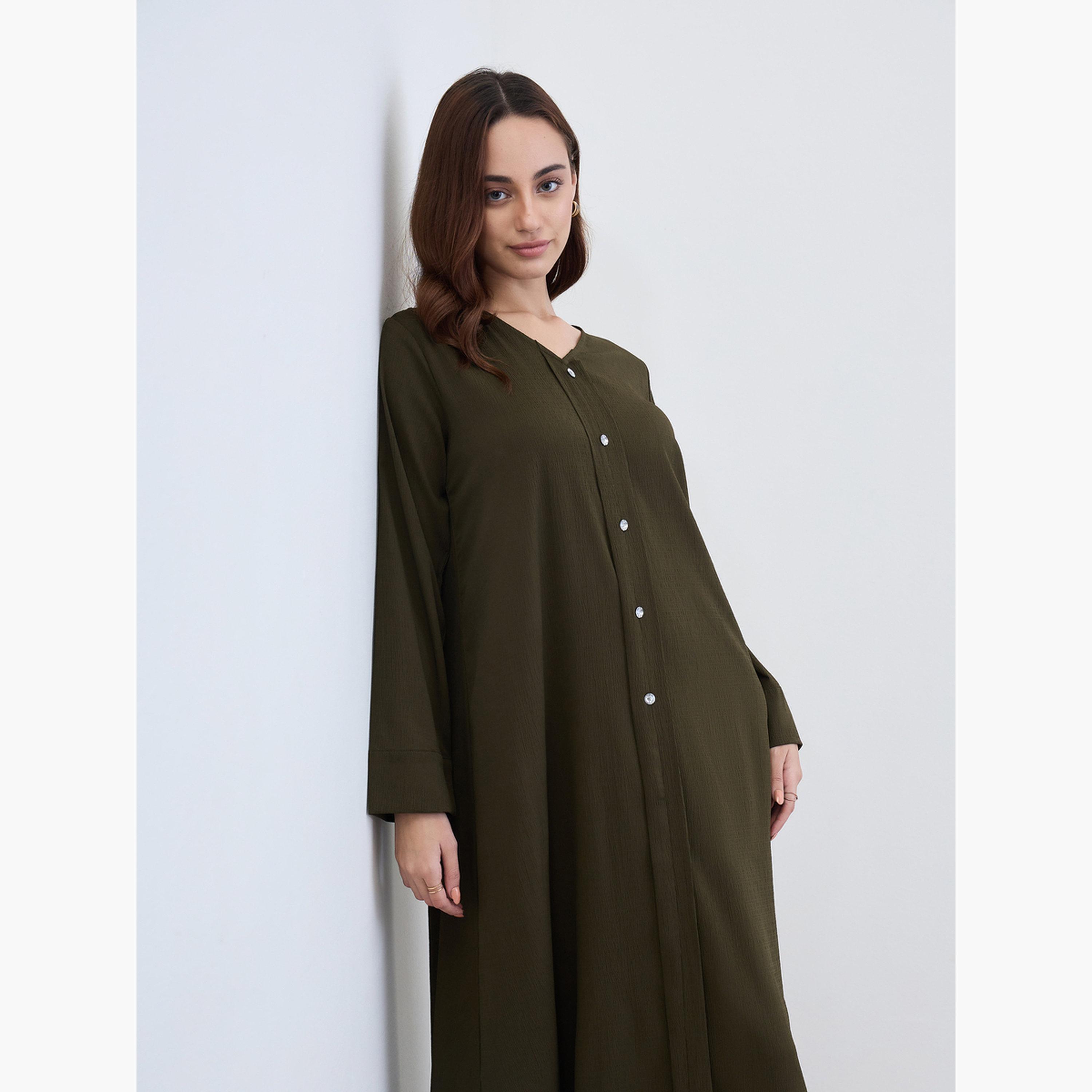 Styli Women Olive A-Line Jalabiya with Crystal Buttons-women-arabicclothing-jalabiyas-image-3