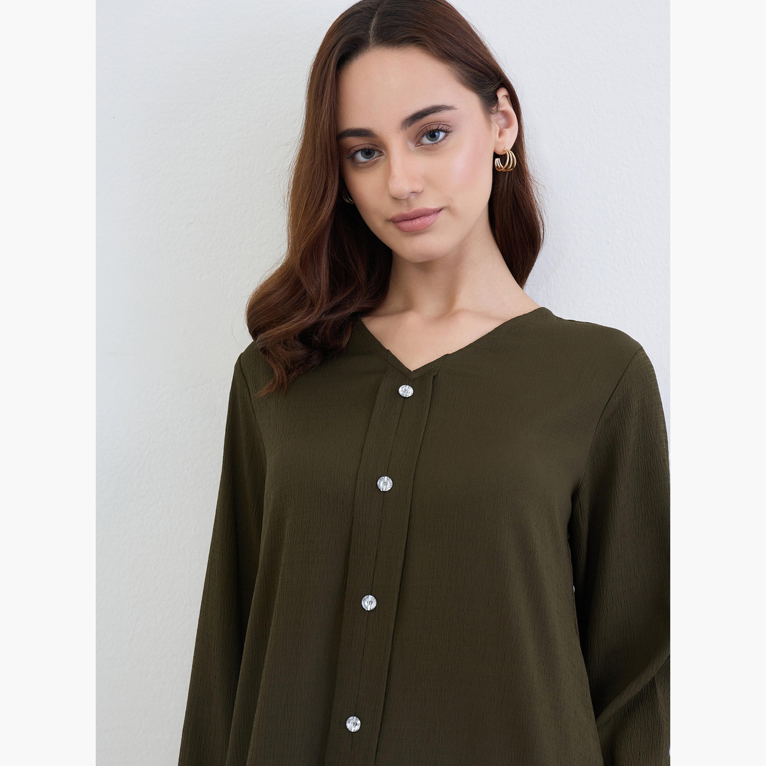 Styli Women Olive A-Line Jalabiya with Crystal Buttons-women-arabicclothing-jalabiyas-image-4