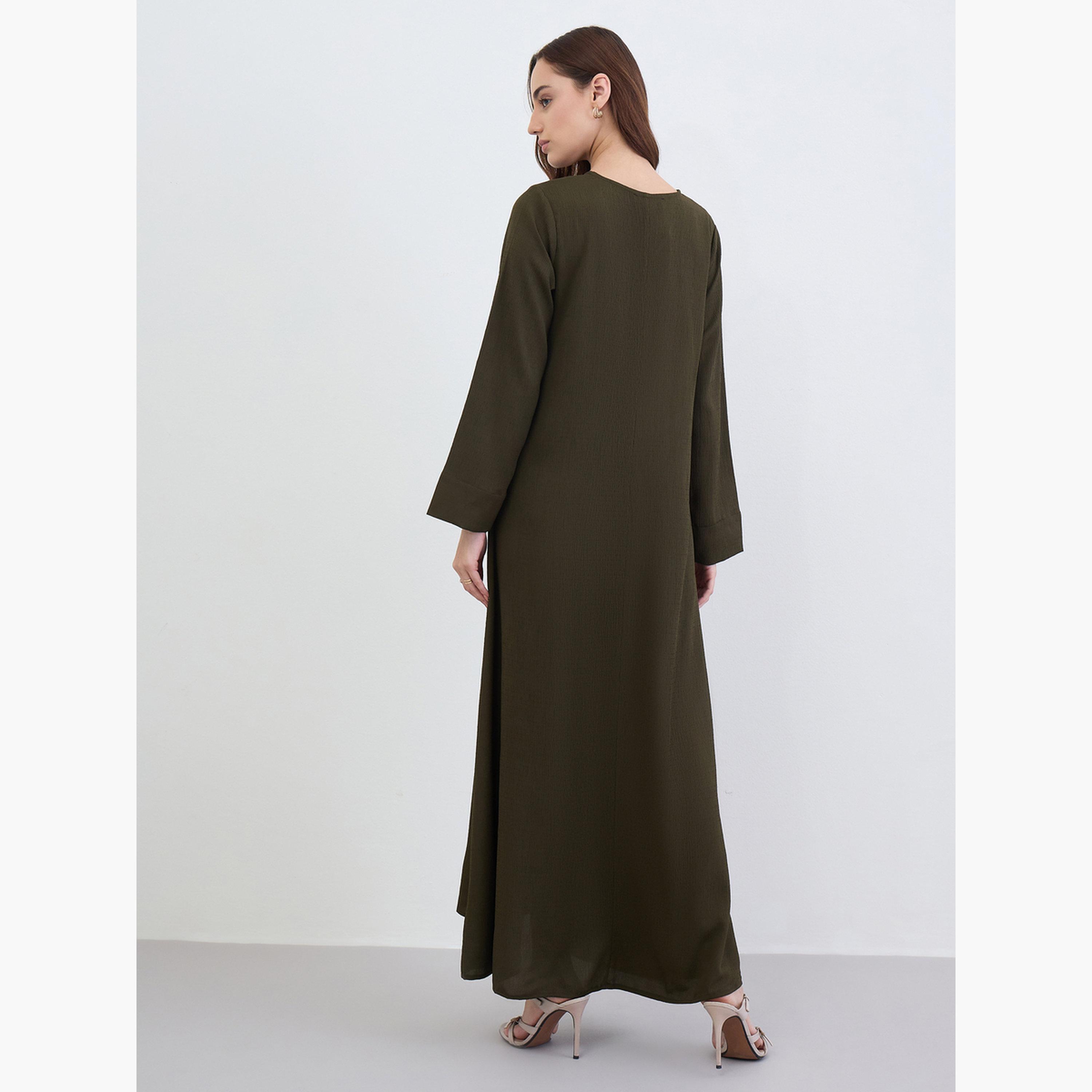 Styli Women Olive A-Line Jalabiya with Crystal Buttons-women-arabicclothing-jalabiyas-image-5