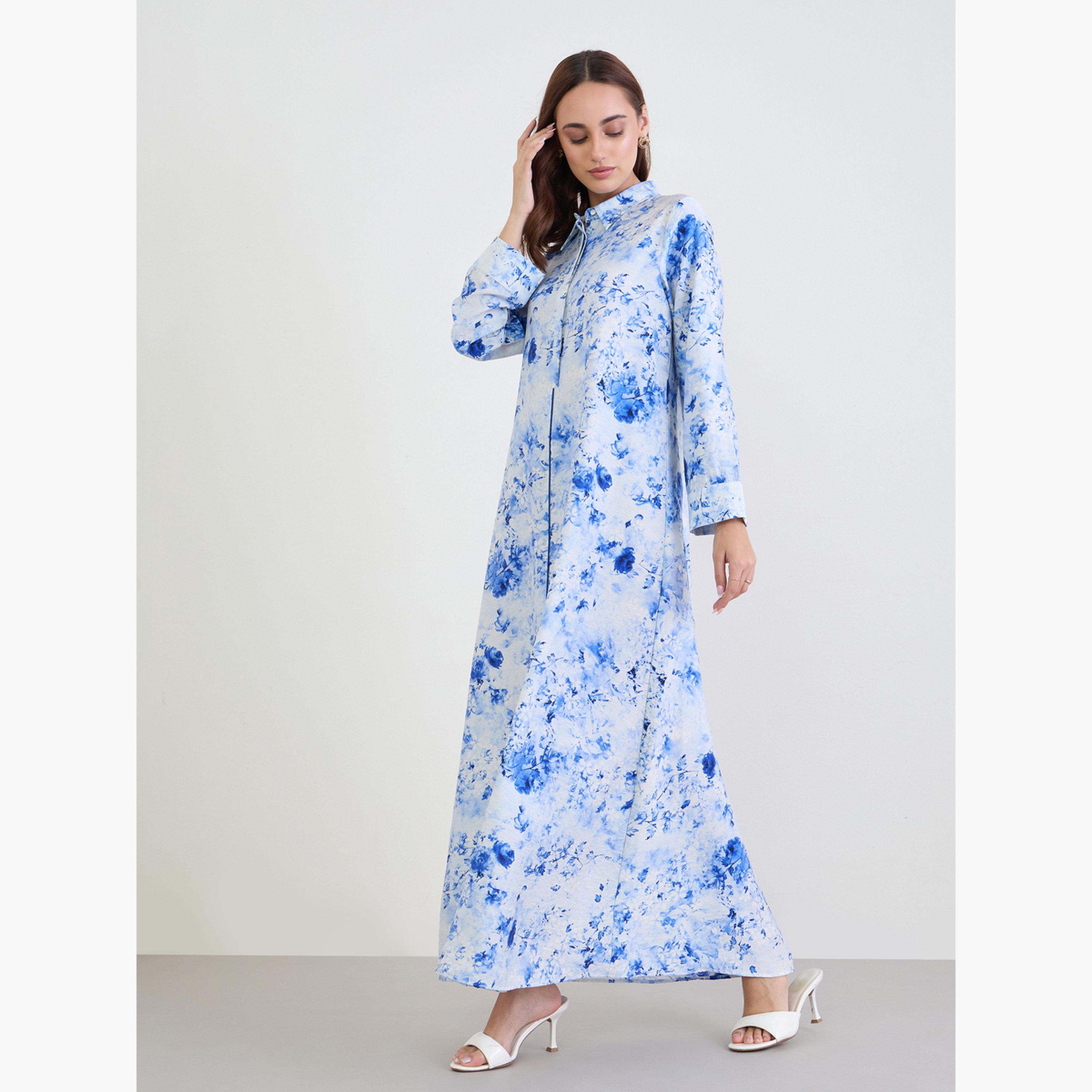 Styli Women Blue Floral Printed Collared Jalabiya-women-arabicclothing-jalabiyas-image-2