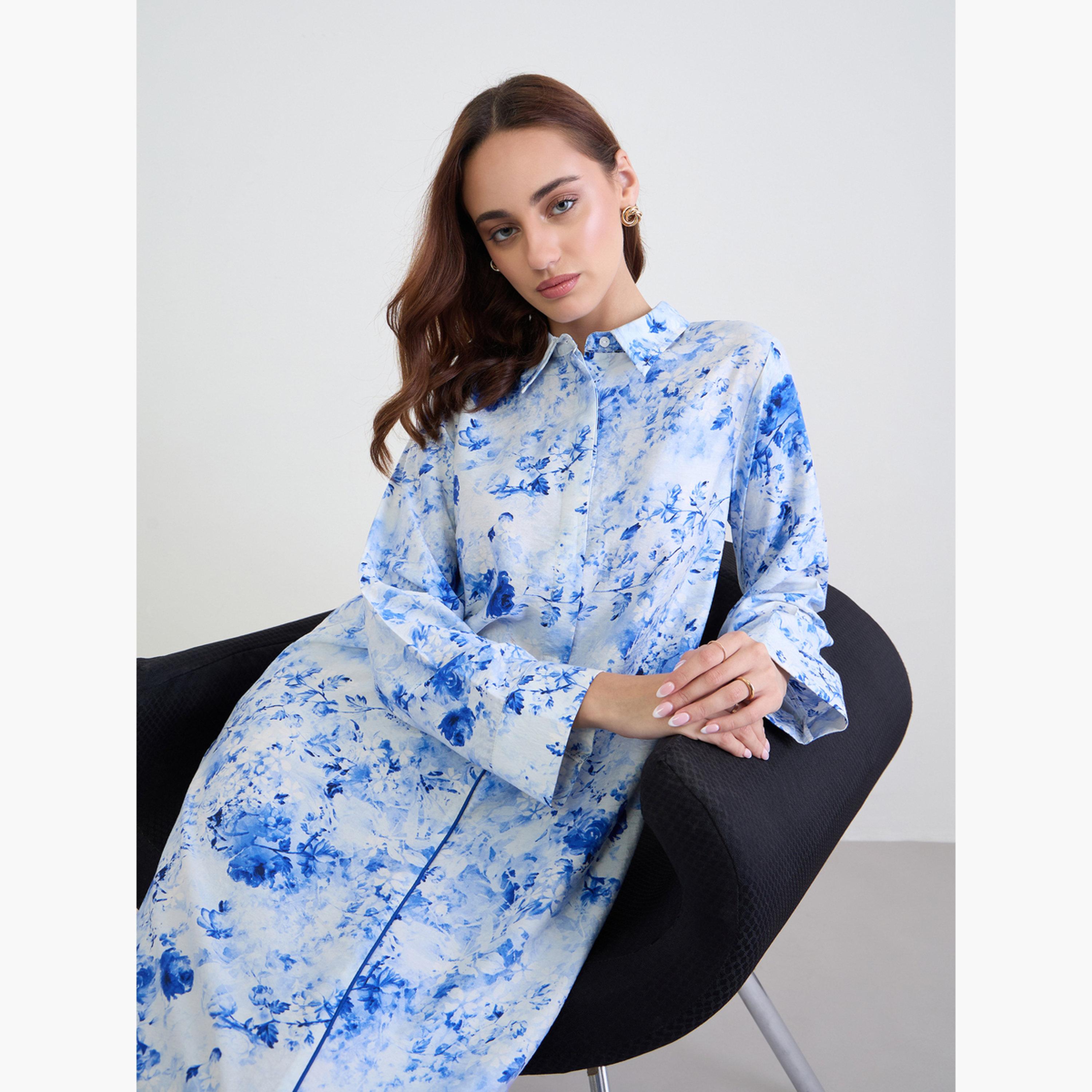 Styli Women Blue Floral Printed Collared Jalabiya-women-arabicclothing-jalabiyas-image-3