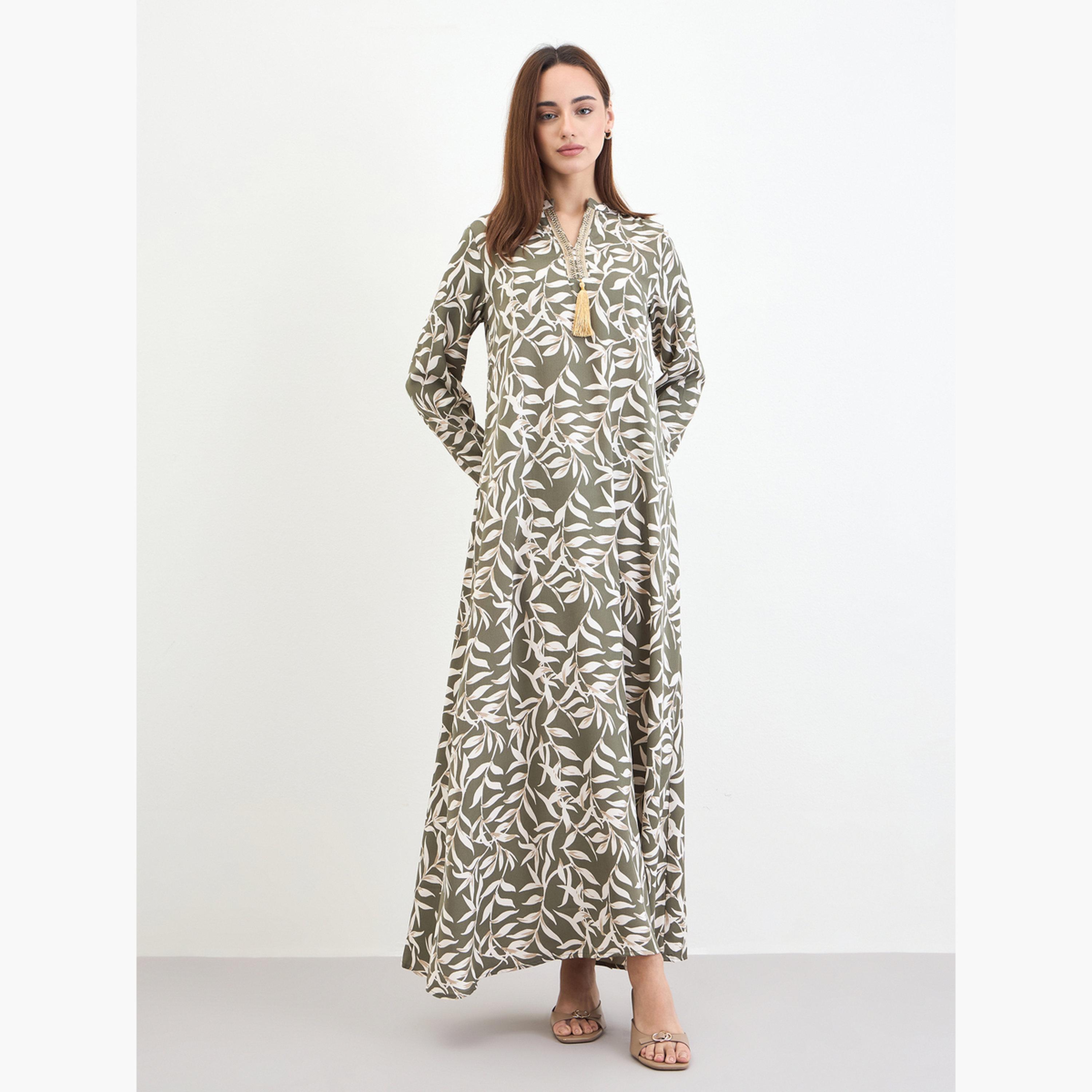 Styli Women Green Leaf Print Tasselled Jalabiya-women-arabicclothing-jalabiyas-image-1