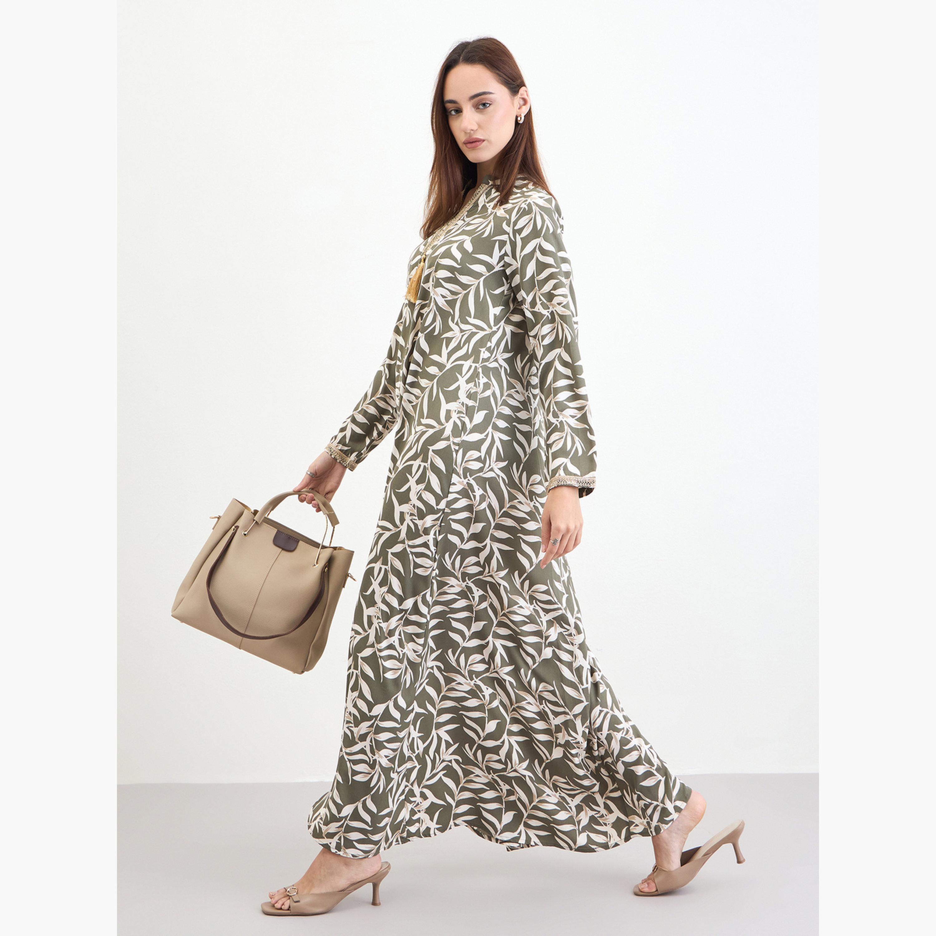 جلابية بطبعة أوراق شجر وشرابات-women-arabicclothing-jalabiyas-image-2
