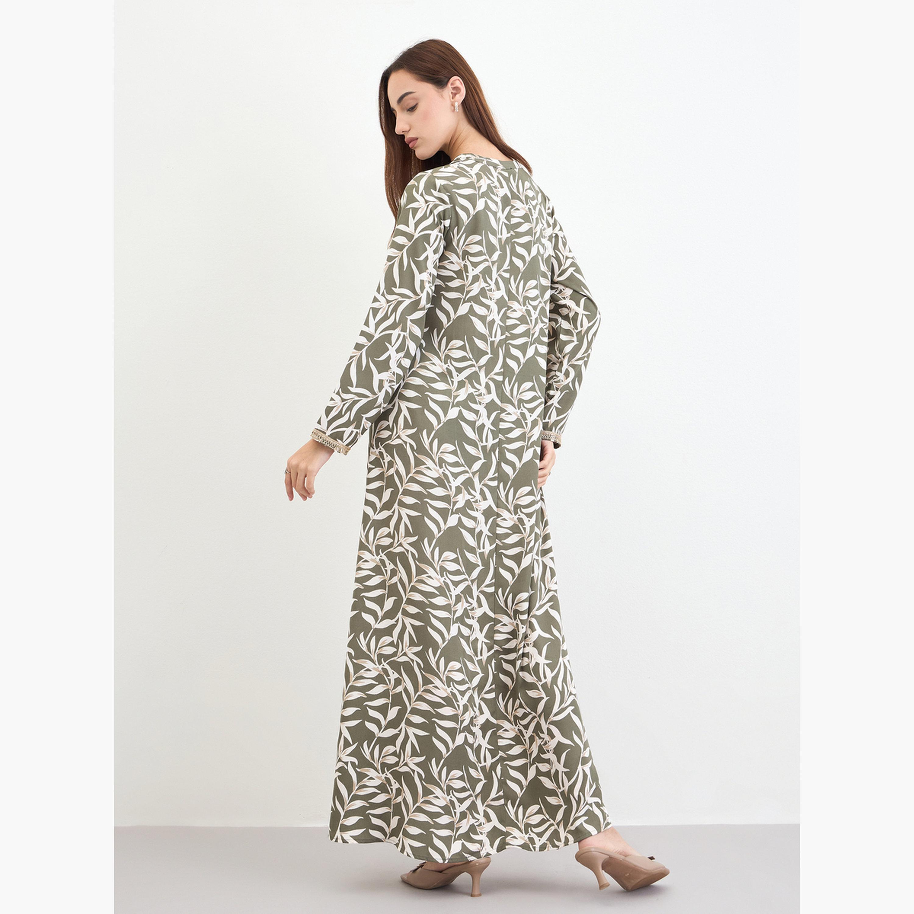 جلابية بطبعة أوراق شجر وشرابات-women-arabicclothing-jalabiyas-image-4