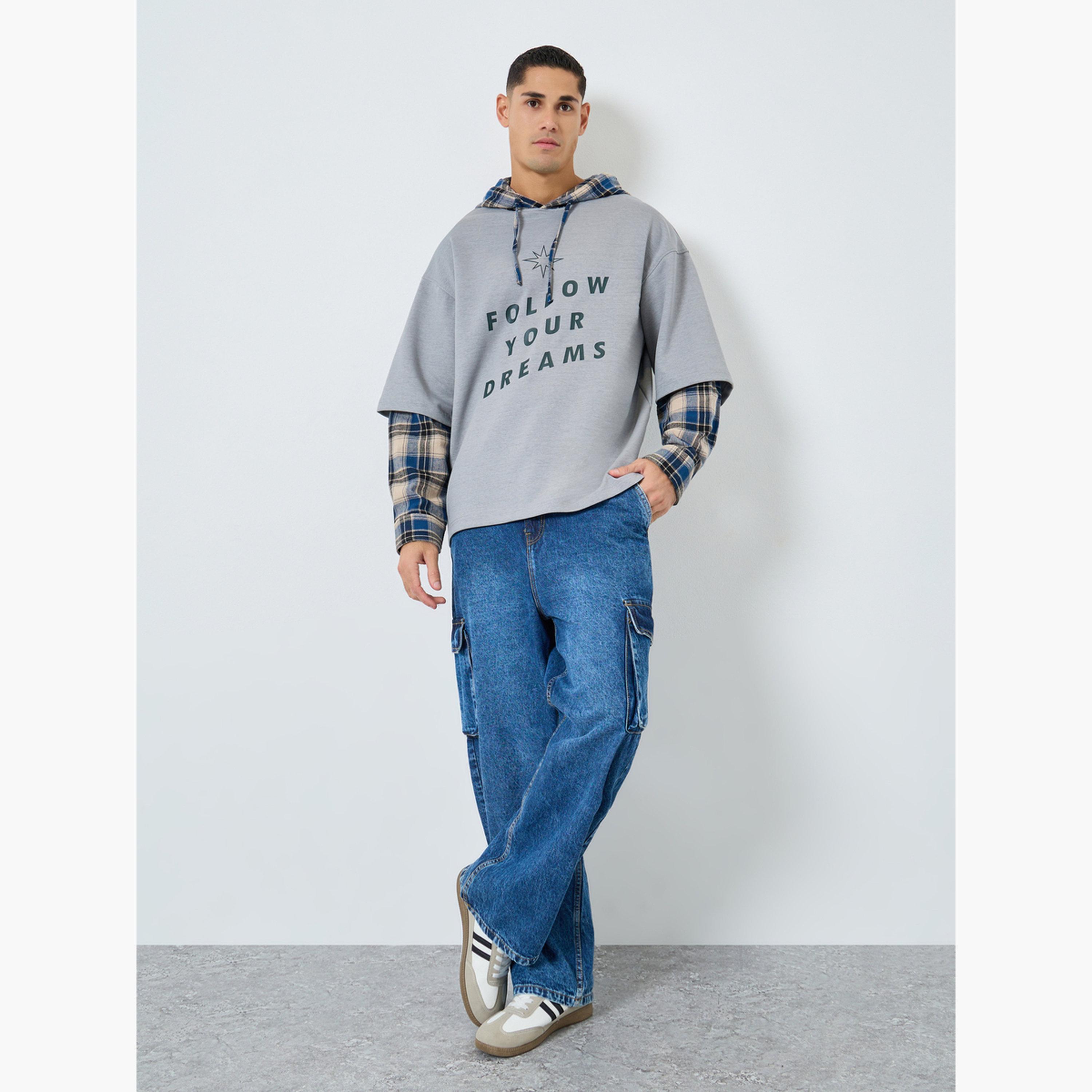 Take Two Men Checked Panel Slogan Hooded Neck Long Sleeves Men's Hoodie-men-winterwear-hoodiesandsweatshirts-image-2
