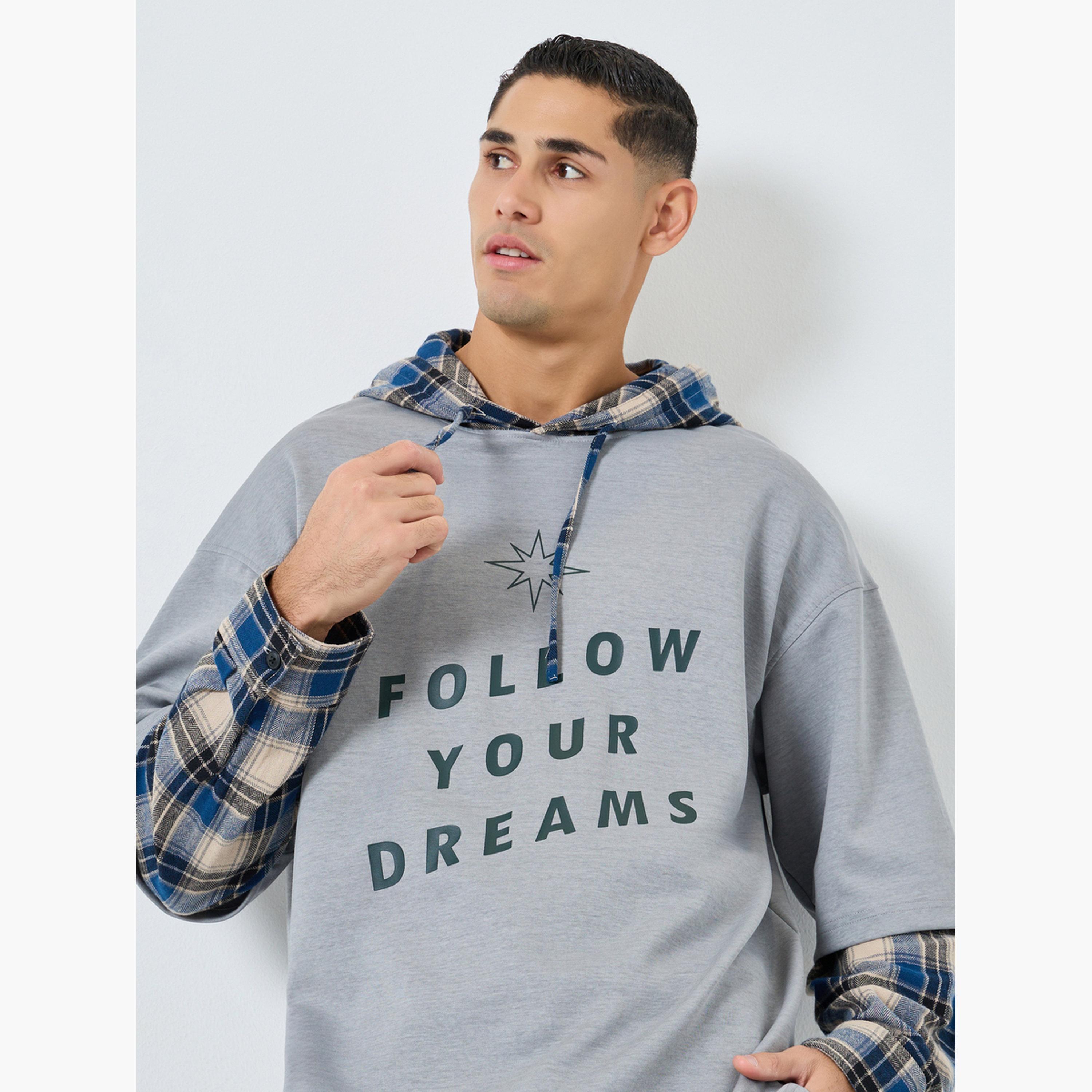 Take Two Men Checked Panel Slogan Hooded Neck Long Sleeves Men's Hoodie-men-winterwear-hoodiesandsweatshirts-image-3