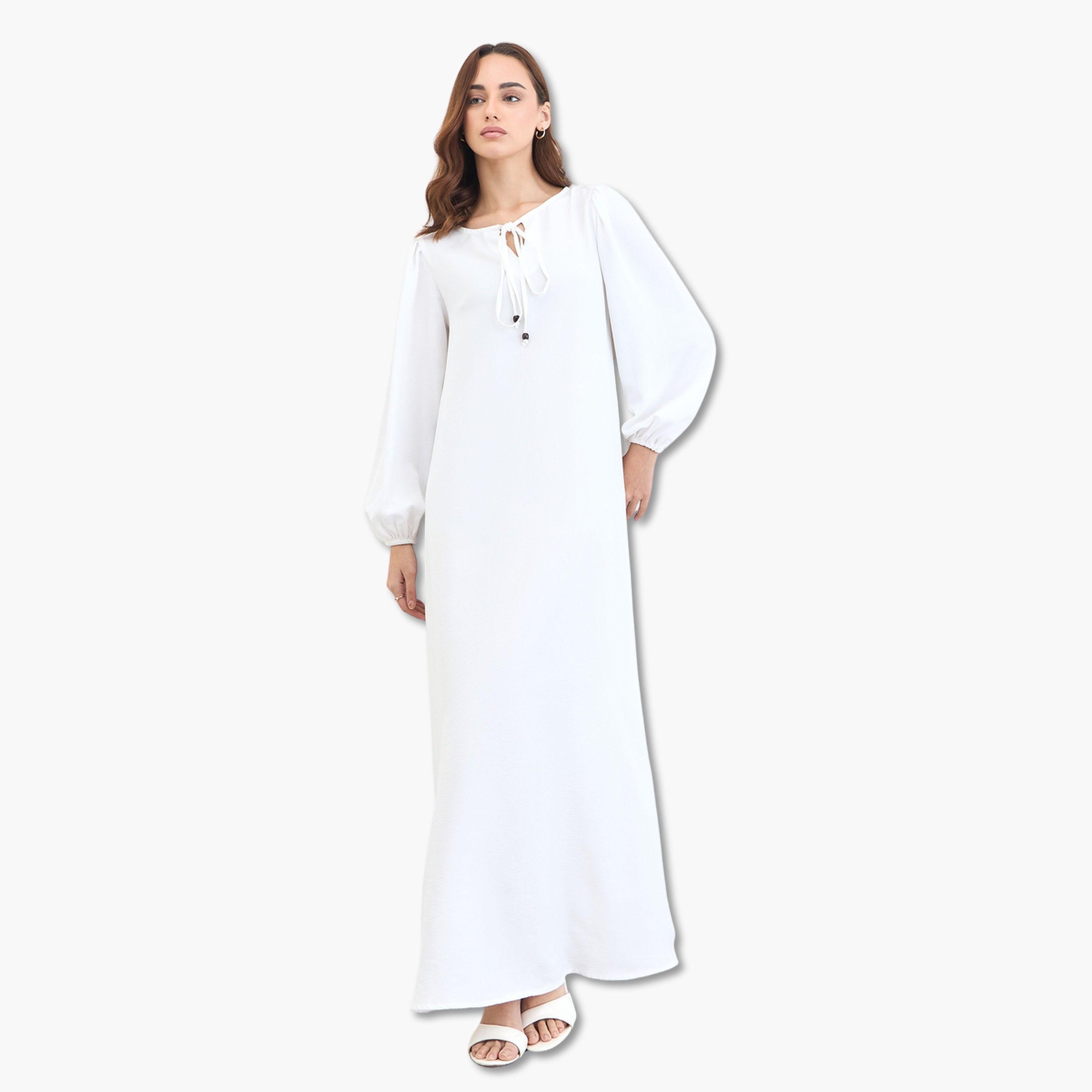 Styli Women White Tie-Up Neck Jalabiya-women-arabicclothing-jalabiyas-image-1