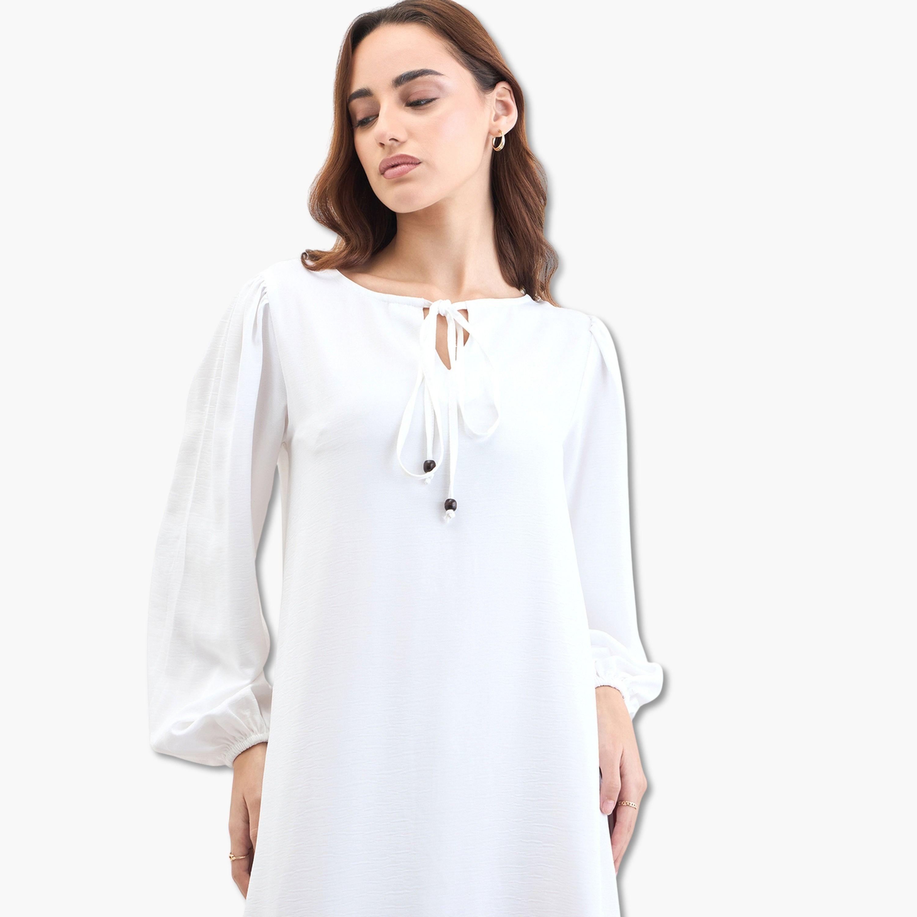 Styli Women White Tie-Up Neck Jalabiya-women-arabicclothing-jalabiyas-image-4