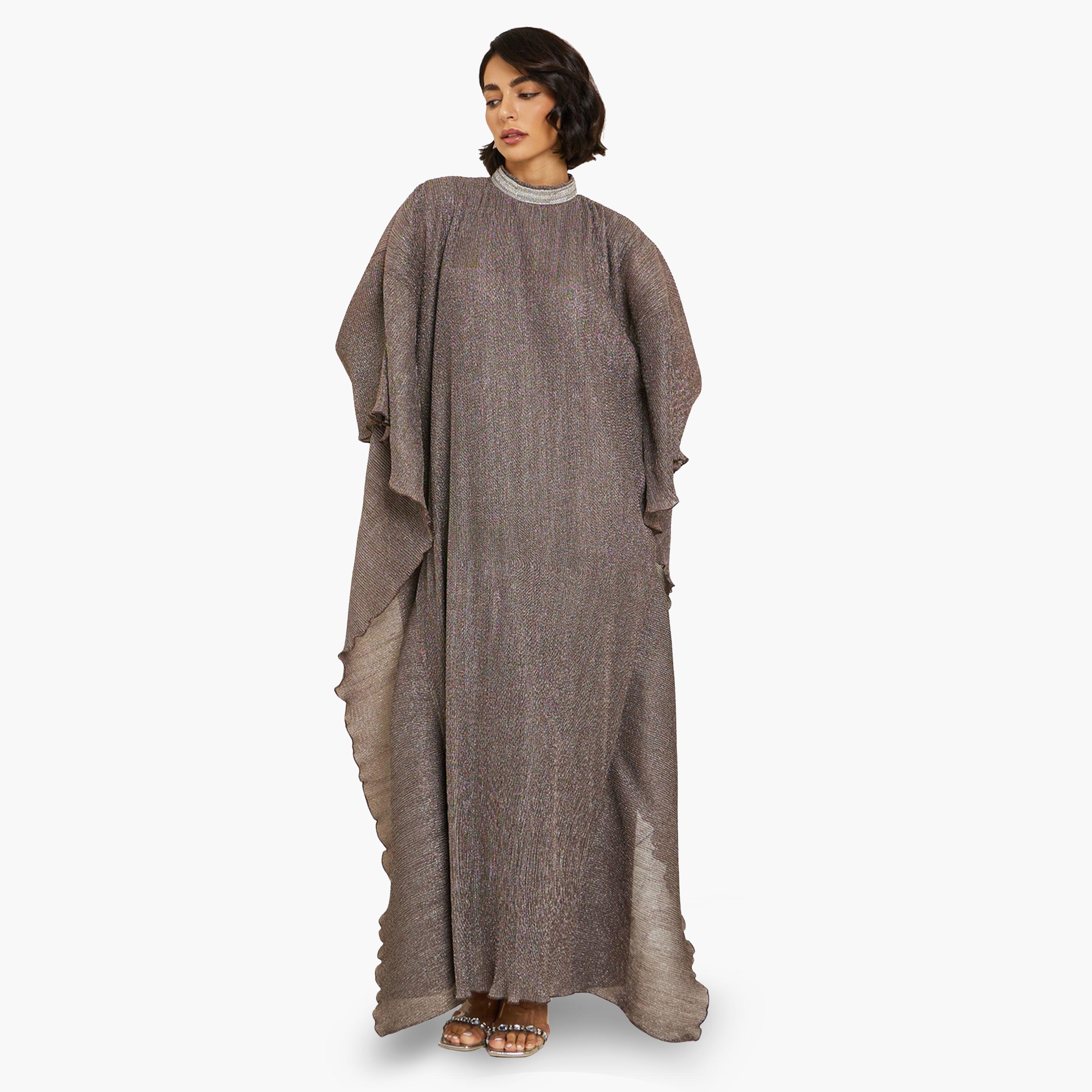 Styli Women Silver Shimmer Pleated Loose Fit Kaftan-women-arabicclothing-kaftan-image-1