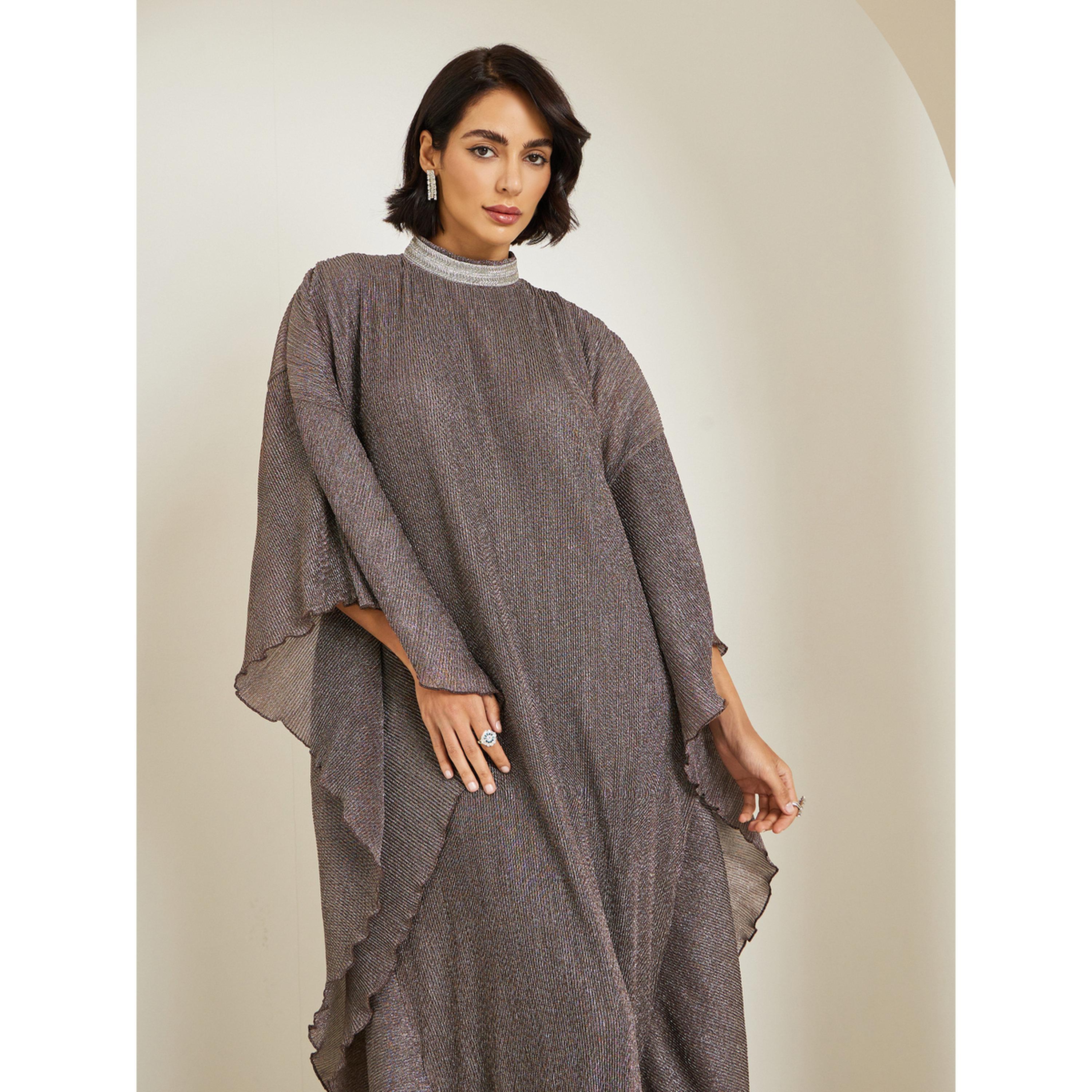 Styli Women Silver Shimmer Pleated Loose Fit Kaftan-women-arabicclothing-kaftan-image-2