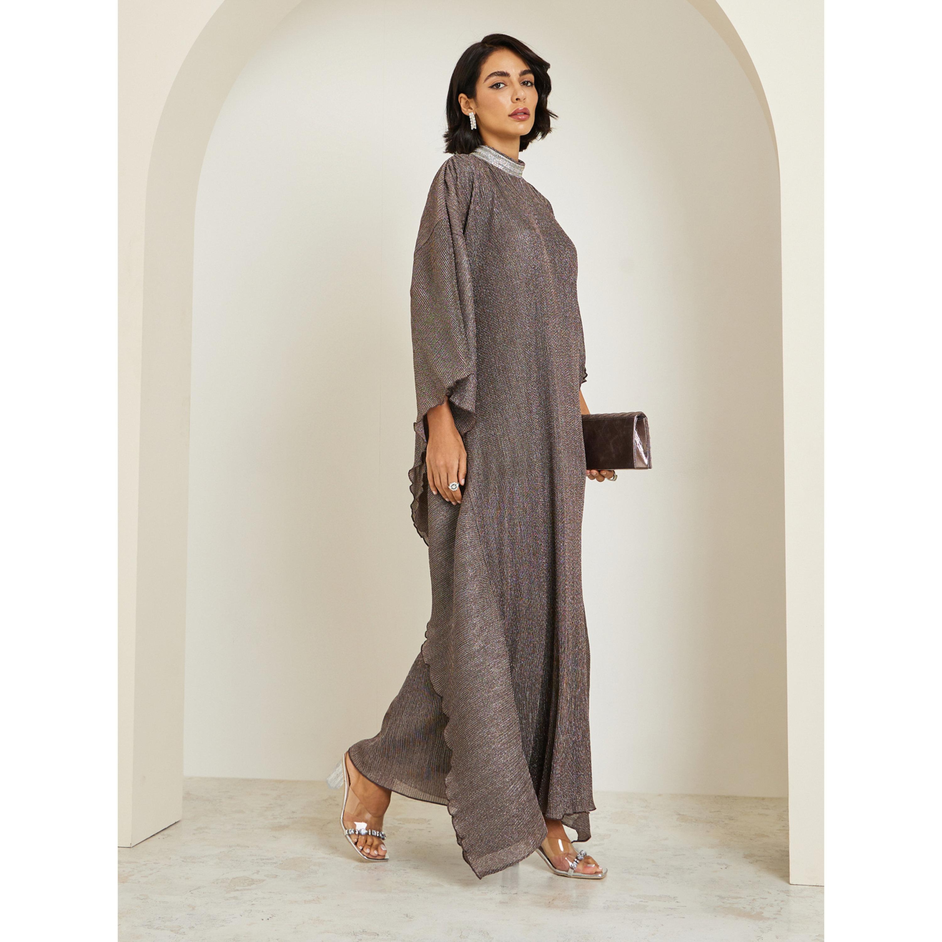 Styli Women Silver Shimmer Pleated Loose Fit Kaftan-women-arabicclothing-kaftan-image-3