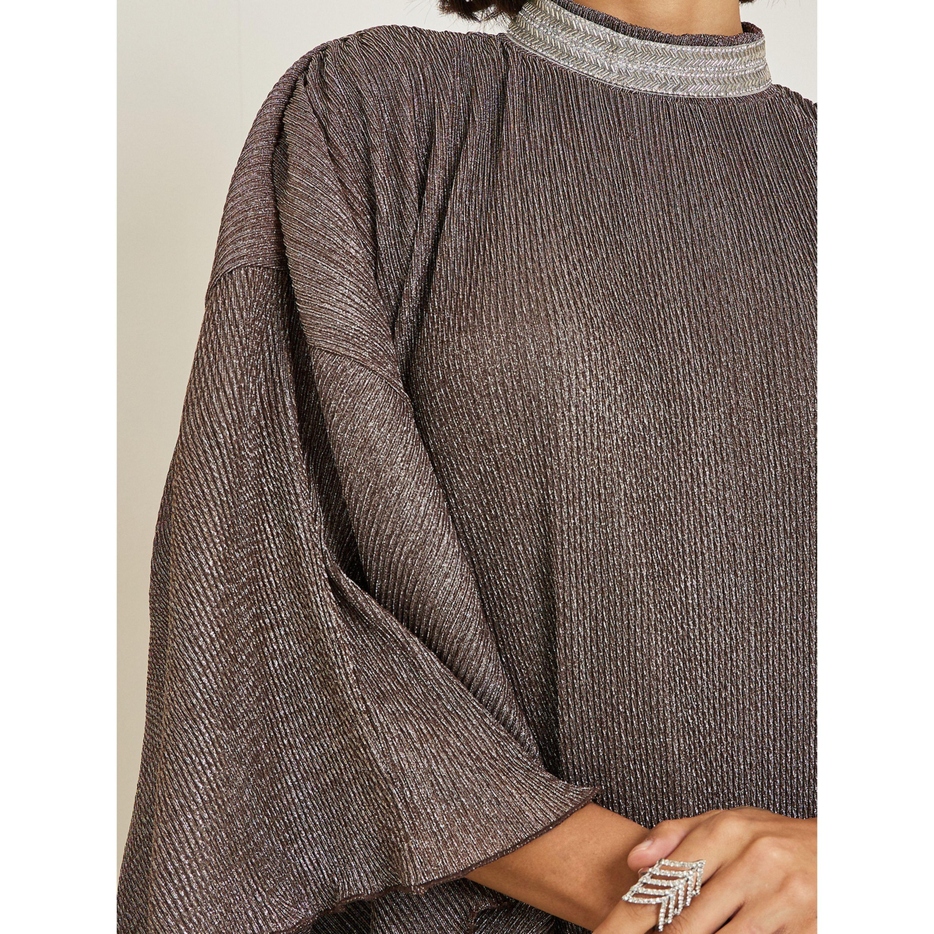 Styli Women Silver Shimmer Pleated Loose Fit Kaftan-women-arabicclothing-kaftan-image-4