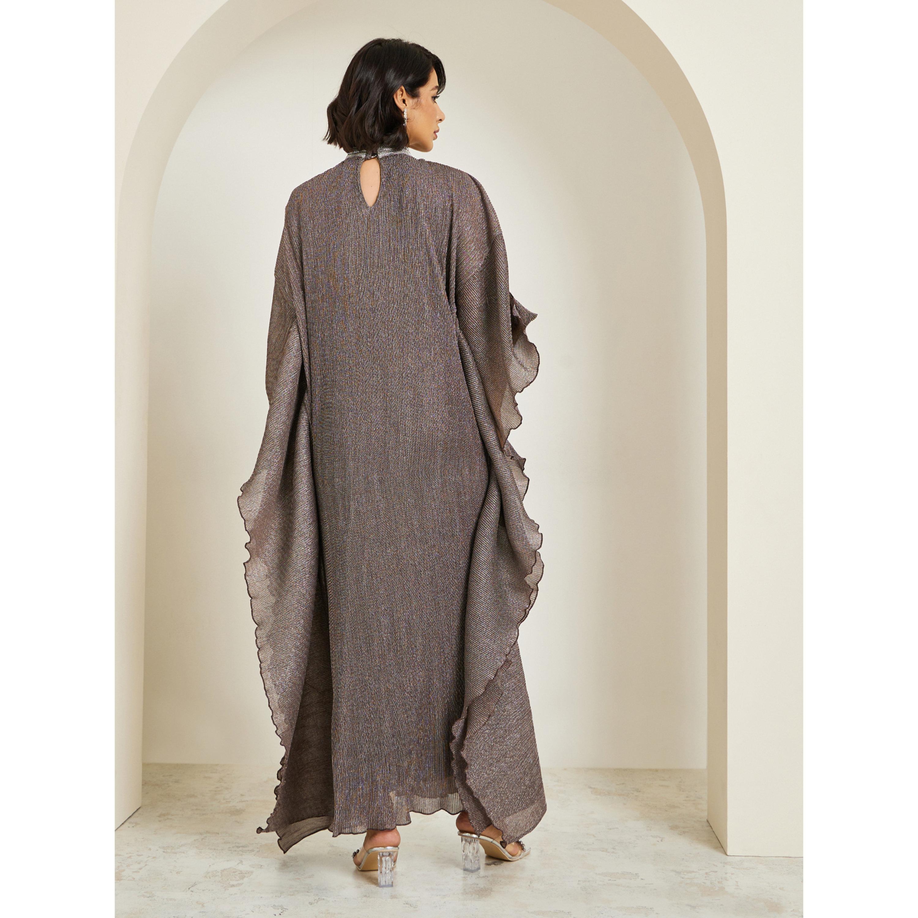 Styli Women Silver Shimmer Pleated Loose Fit Kaftan-women-arabicclothing-kaftan-image-5