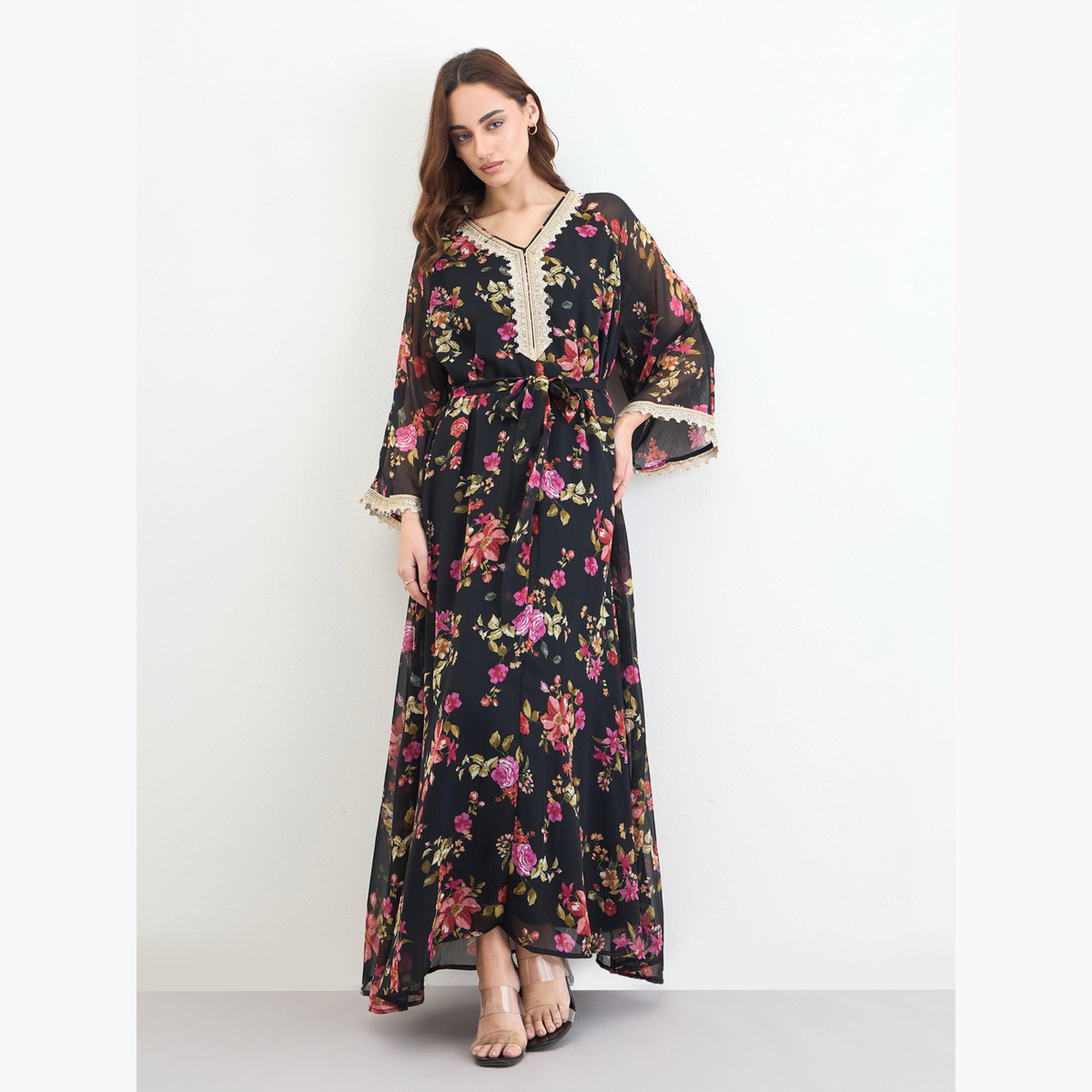 Styli Women Floral Print A-Line Jalabiya-women-arabicclothing-jalabiyas-image-1