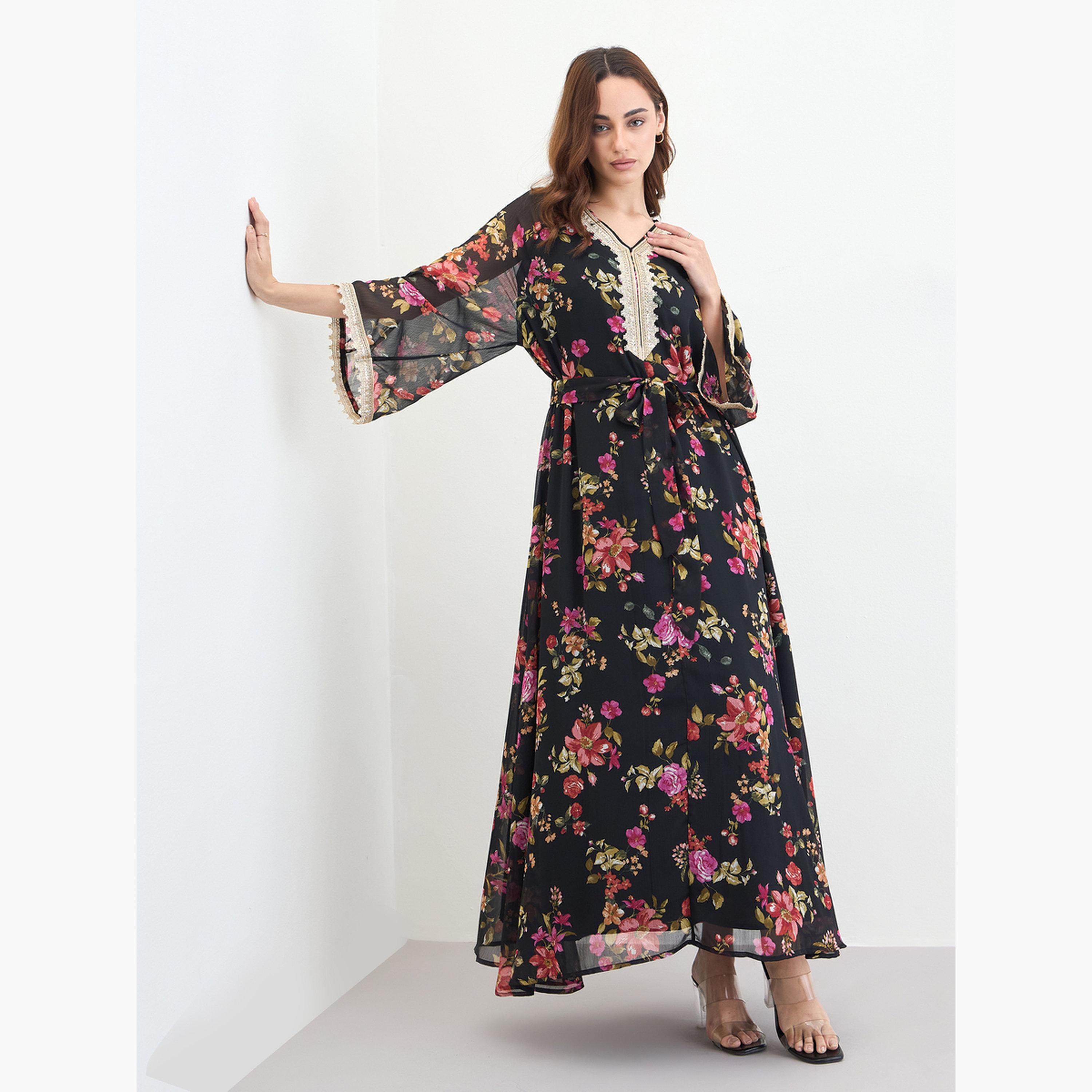 Styli Women Floral Print A-Line Jalabiya-women-arabicclothing-jalabiyas-image-2