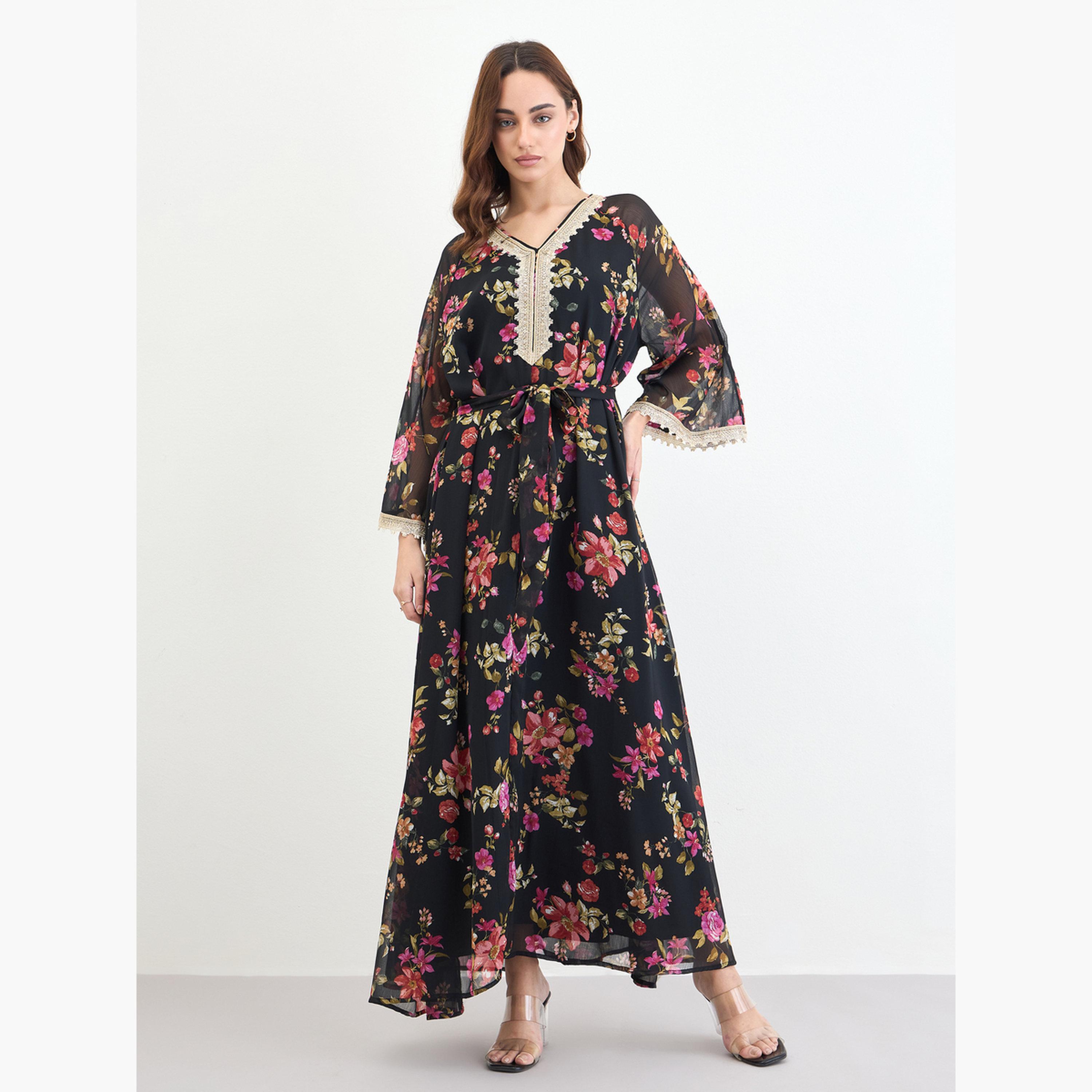 Styli Women Floral Print A-Line Jalabiya-women-arabicclothing-jalabiyas-image-3