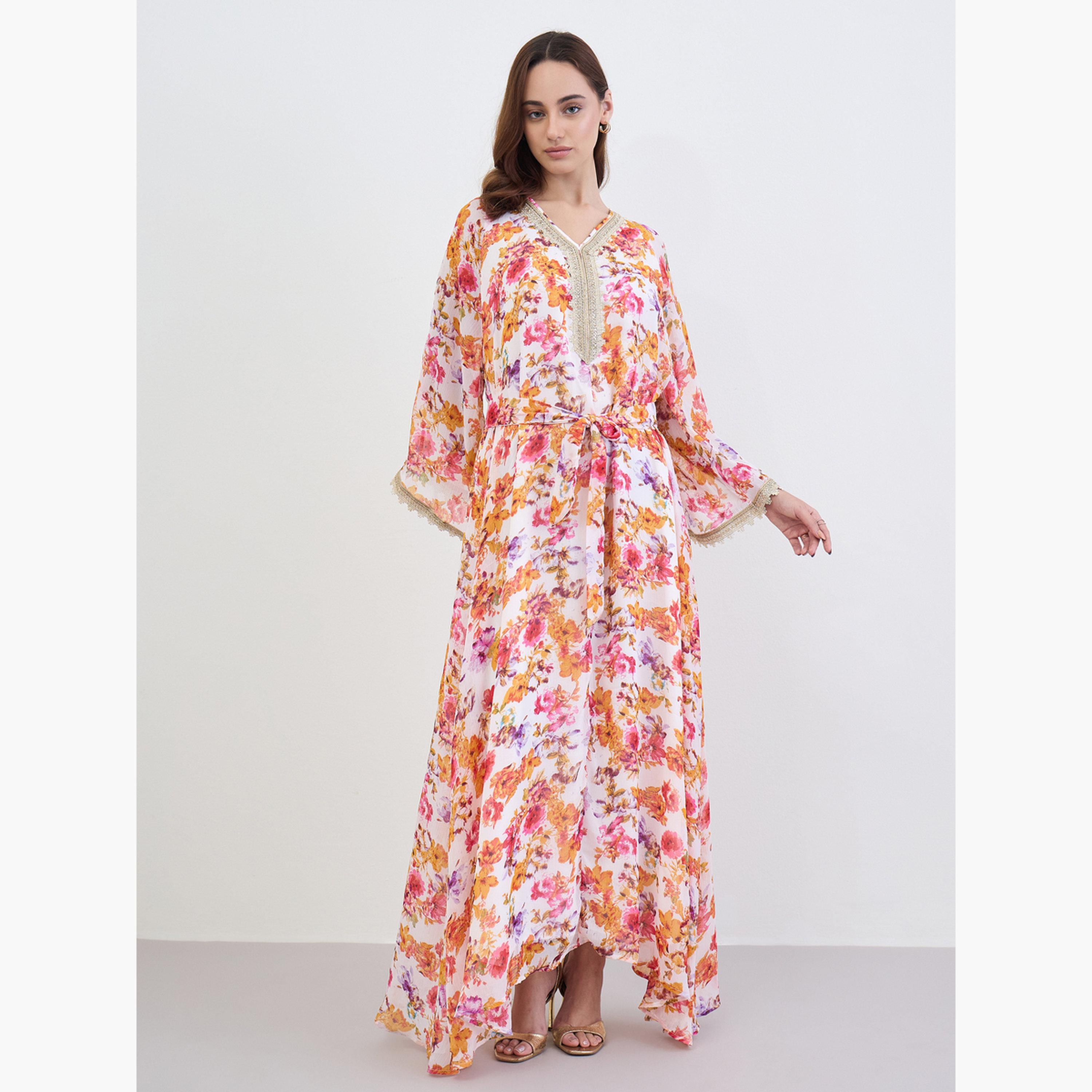 جلابية بطبعة زهور بقصة واسعة-women-arabicclothing-jalabiyas-image-1