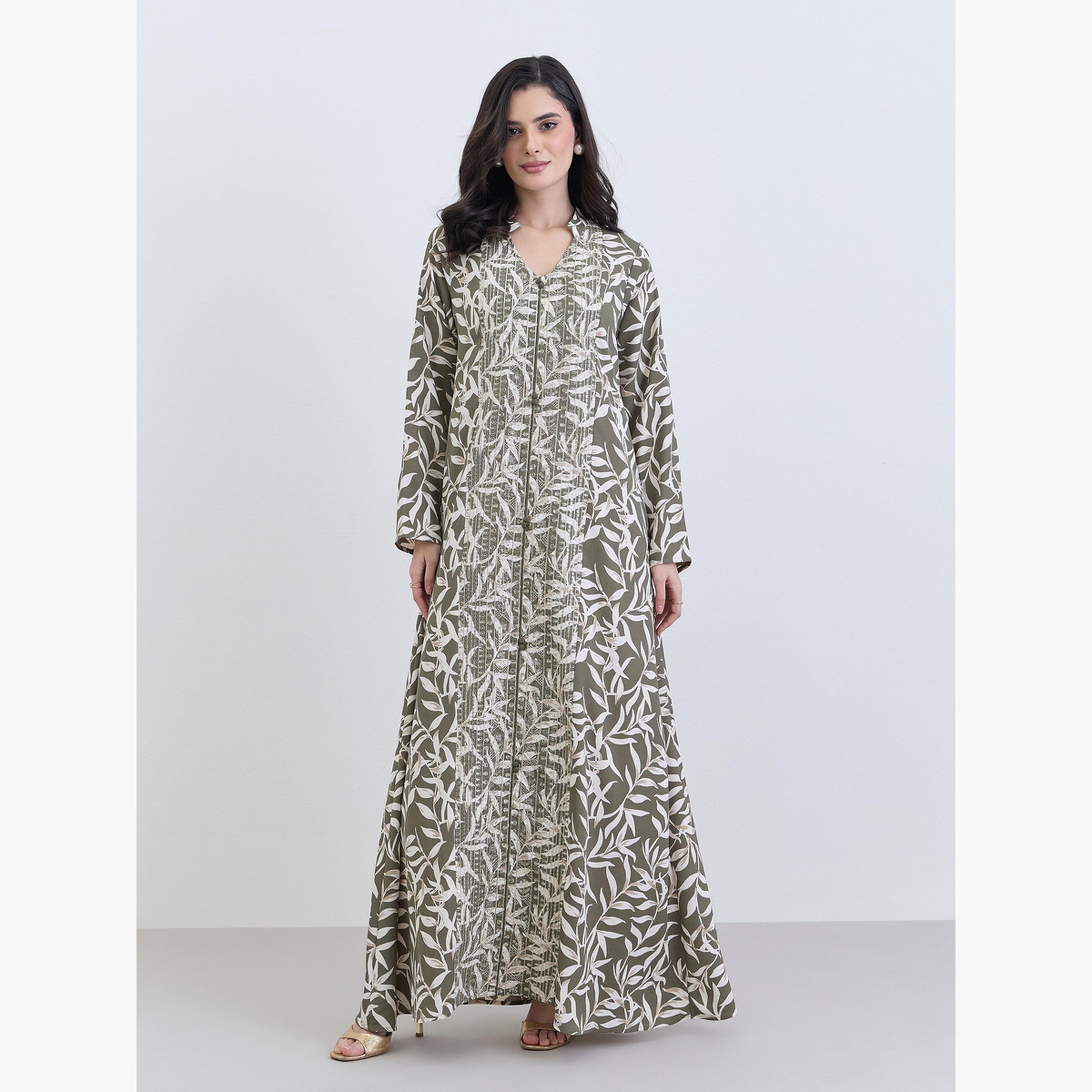 عباية بطبعة أوراق شجر بقصة واسعة-women-arabicclothing-abayas-image-1