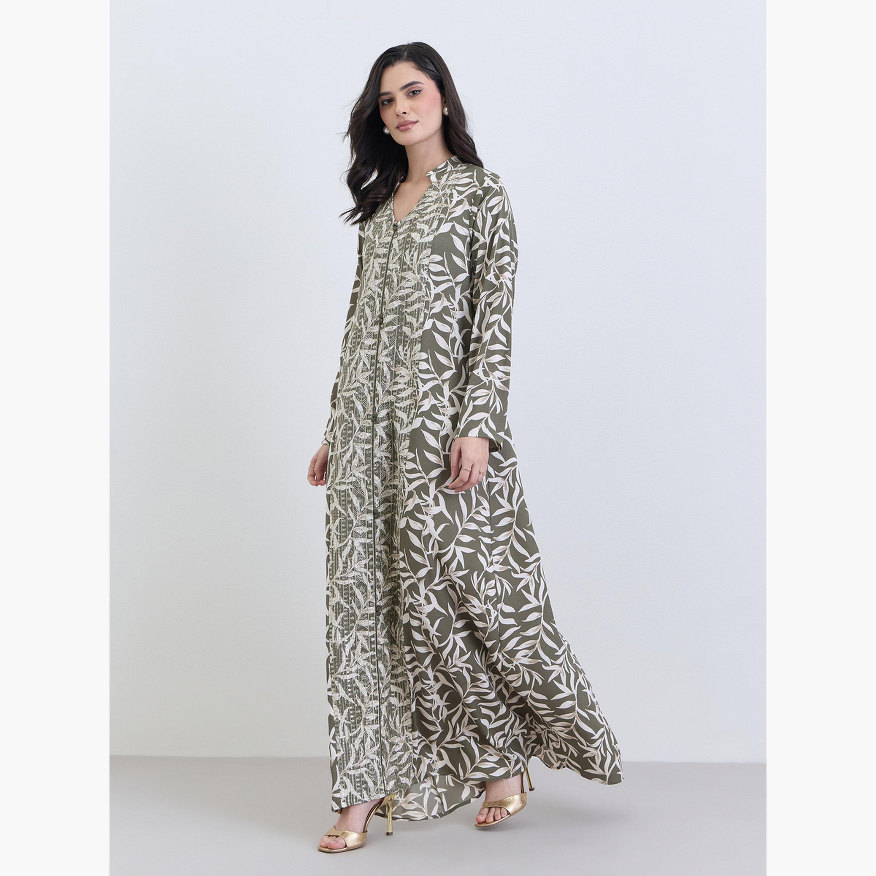 عباية بطبعة أوراق شجر بقصة واسعة-women-arabicclothing-abayas-image-2