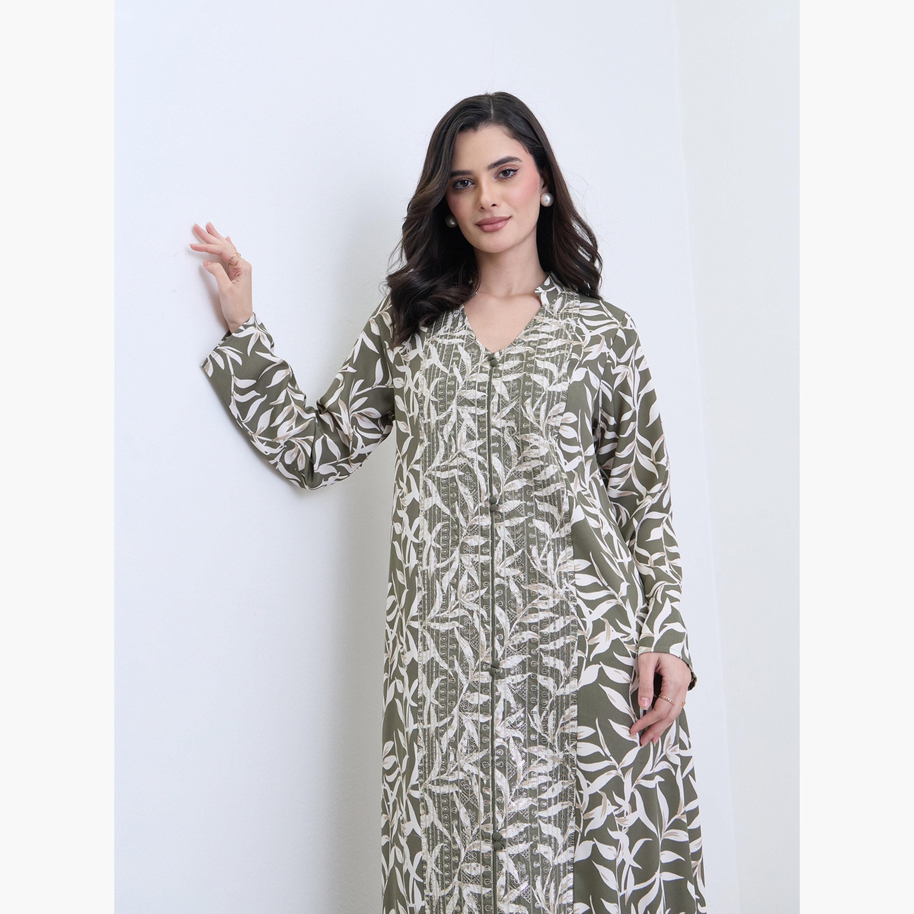 عباية بطبعة أوراق شجر بقصة واسعة-women-arabicclothing-abayas-image-3